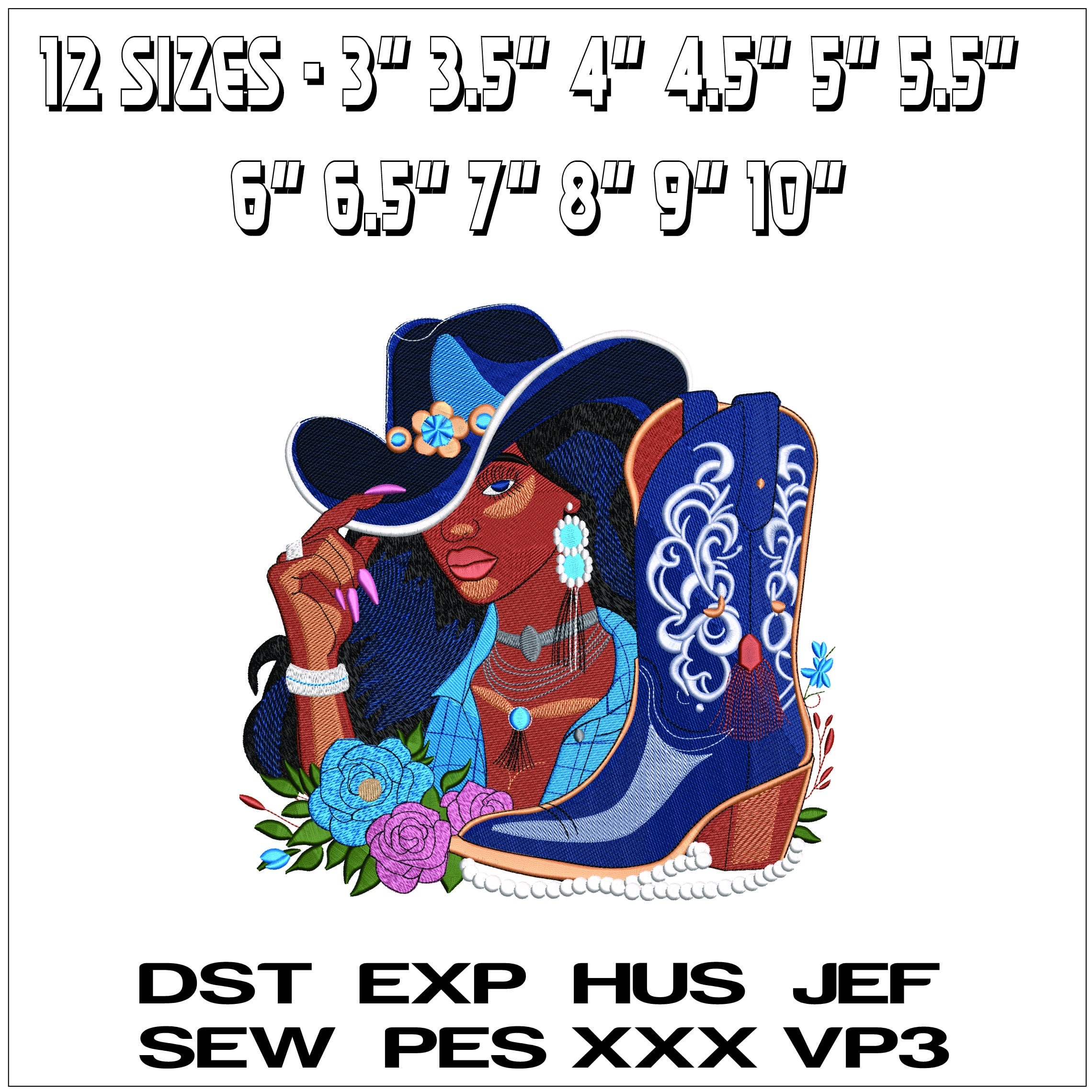 Black Lady in Cowboy hat with Boots- Elegant embroidery design file - instant download — view 2
