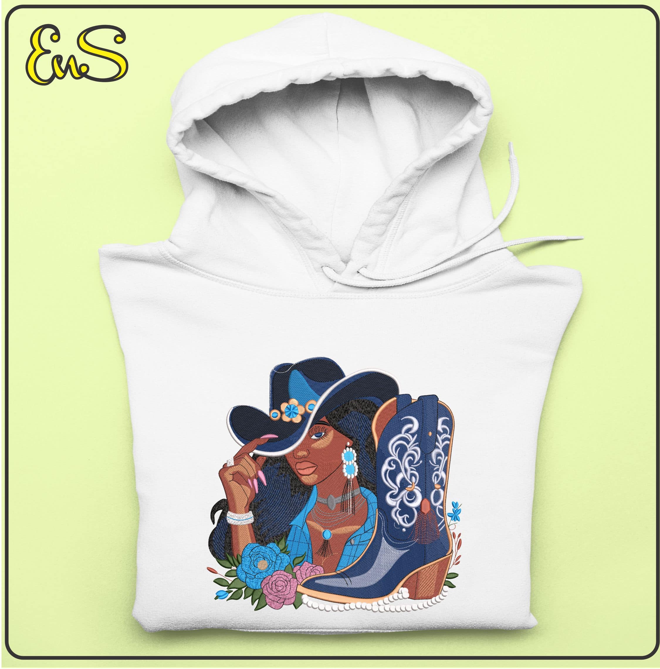 Black Lady in Cowboy hat with Boots- Elegant embroidery design file - instant download — view 5