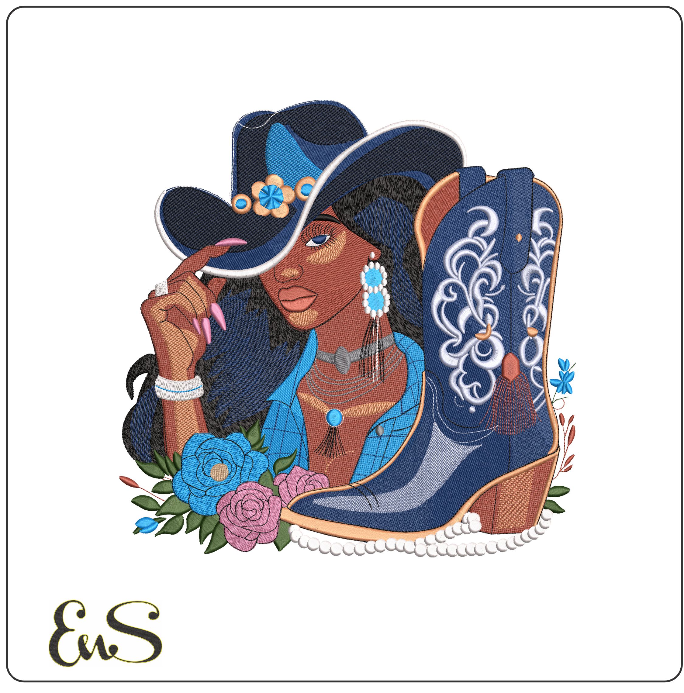 Black Lady in Cowboy hat with Boots- Elegant embroidery design file - instant download