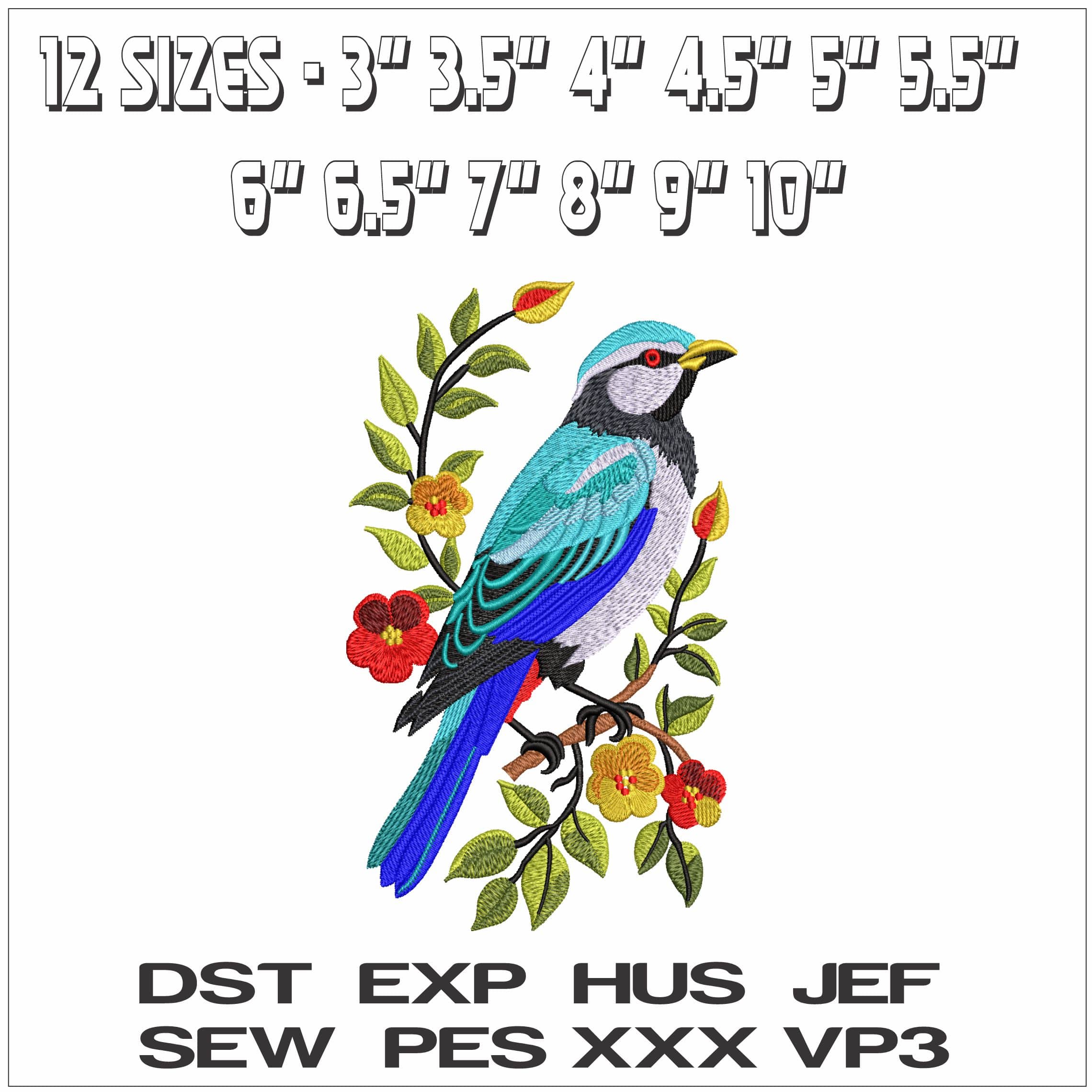 Blue bird in branch- Elegant embroidery design file - instant download — view 2