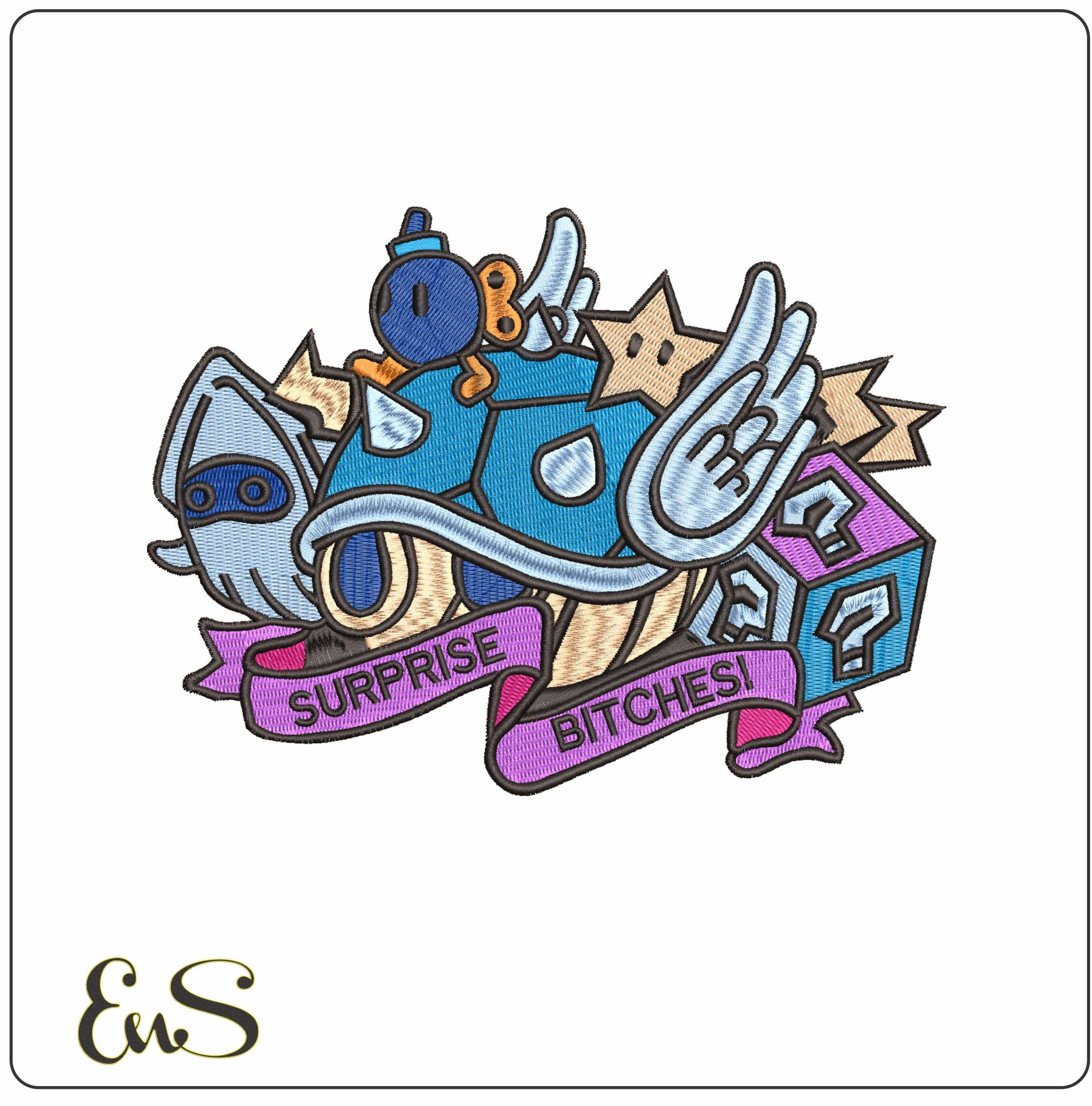 Blue Shell Surprise Bitiches Mario Kart Super Mario- Elegant embroidery design file - instant download