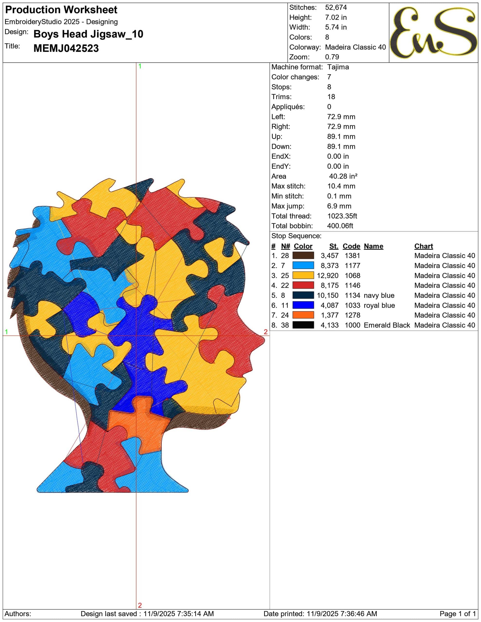 Boys Head Jigsaw- Elegant embroidery design file - instant download — view 3