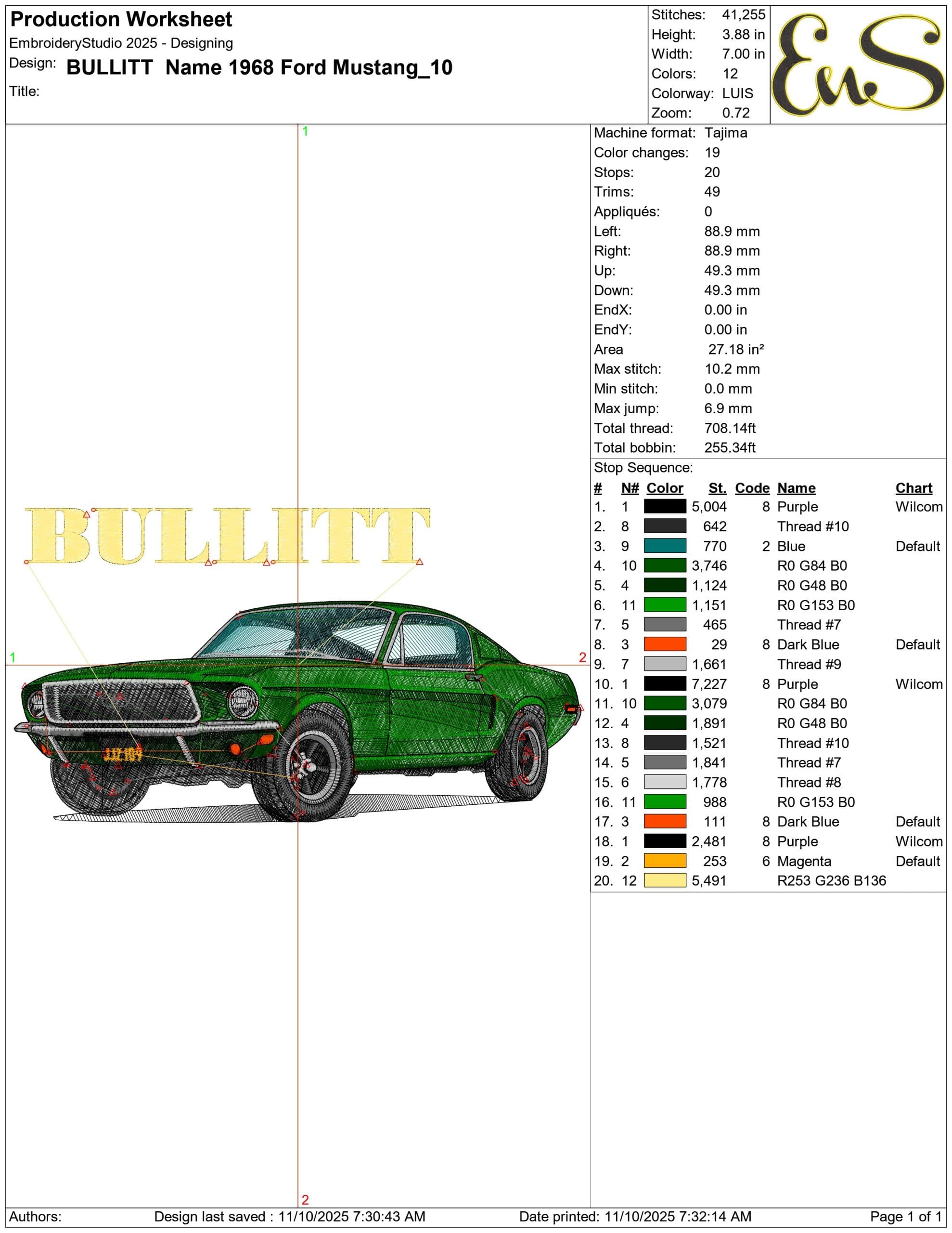 BULLITT Name 1968 Ford Mustang- Elegant embroidery design file - instant download — view 3