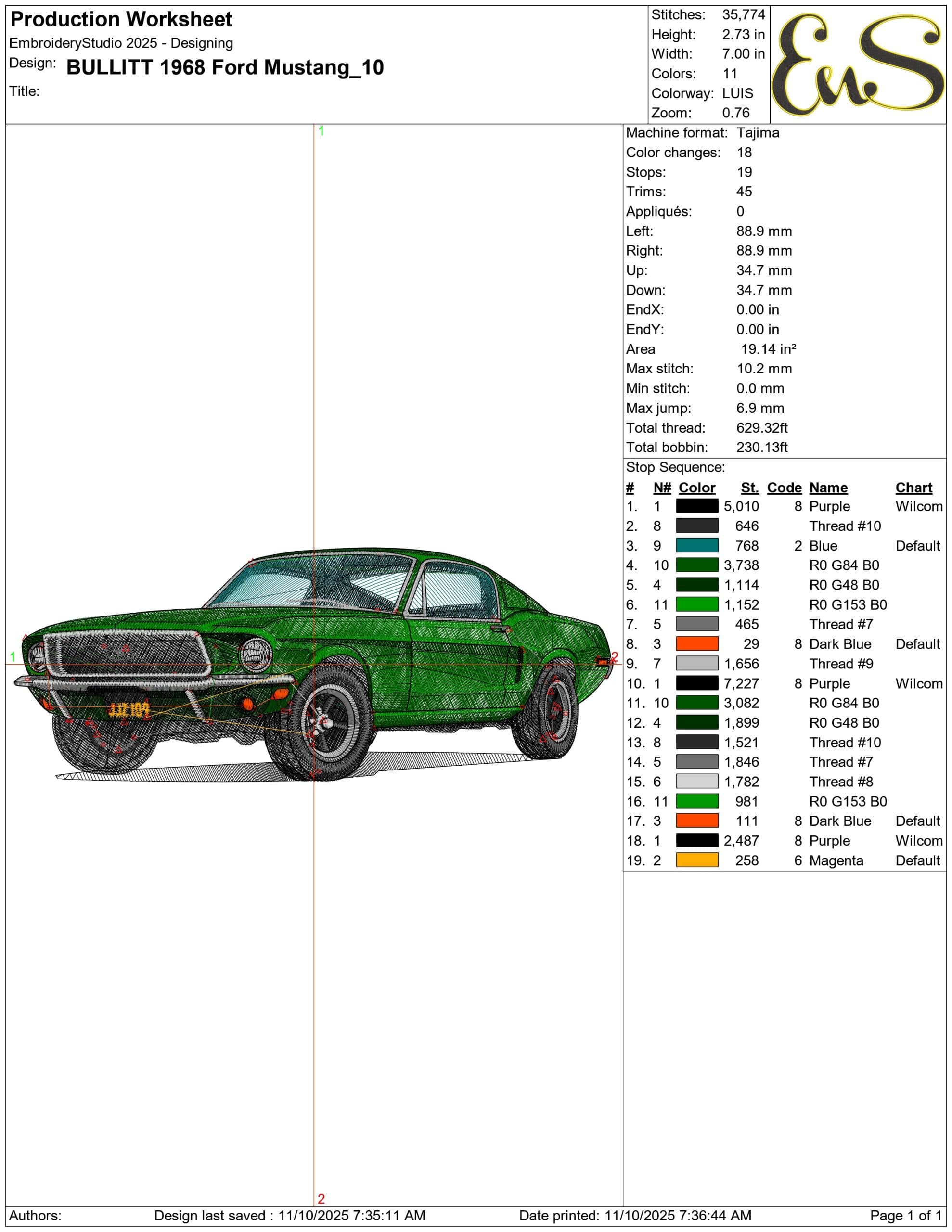 BULLITT 1968 Ford Mustang- Elegant embroidery design file - instant download — view 3
