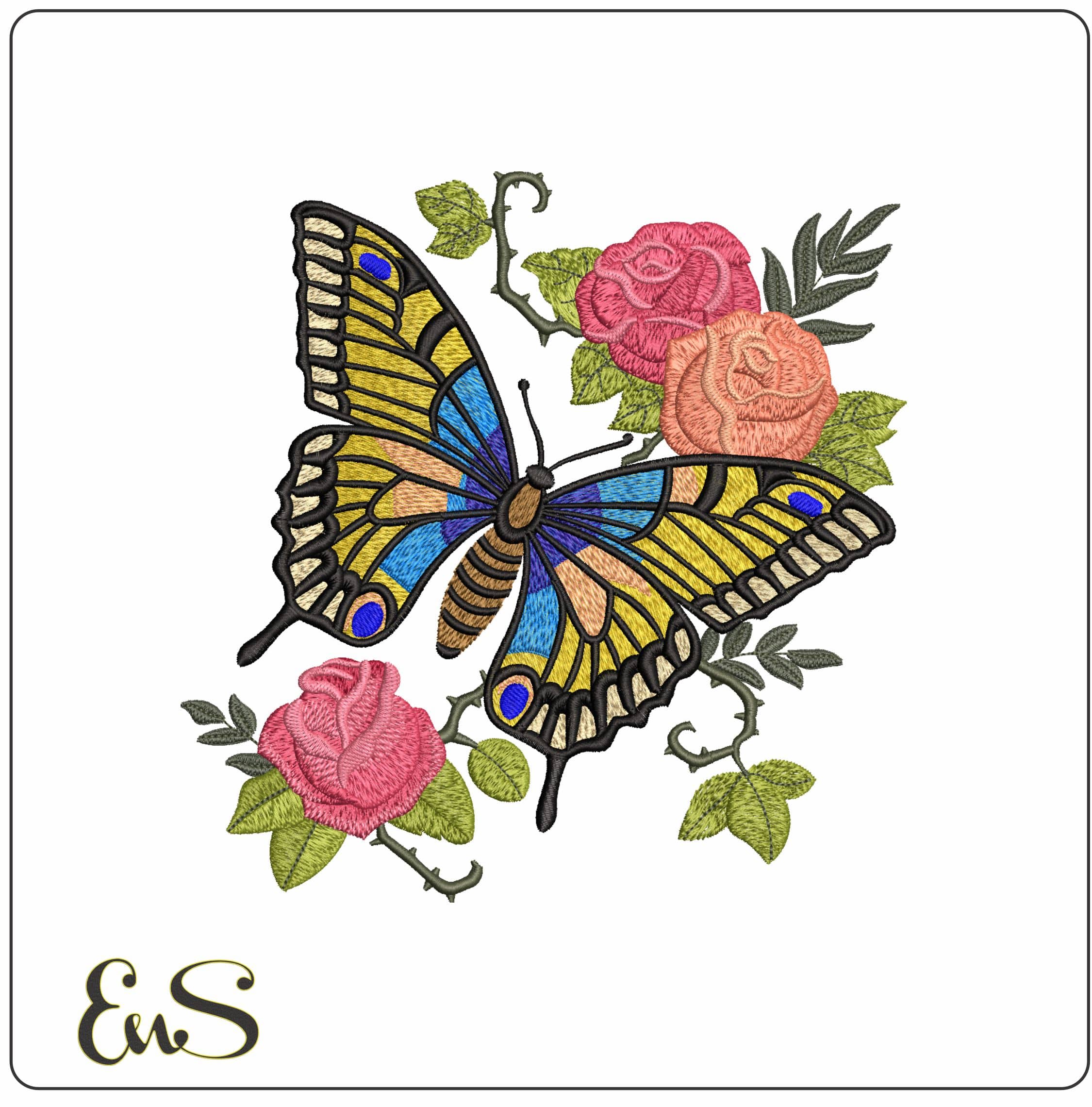Butterfly and Flowers- Elegant embroidery design file - instant download