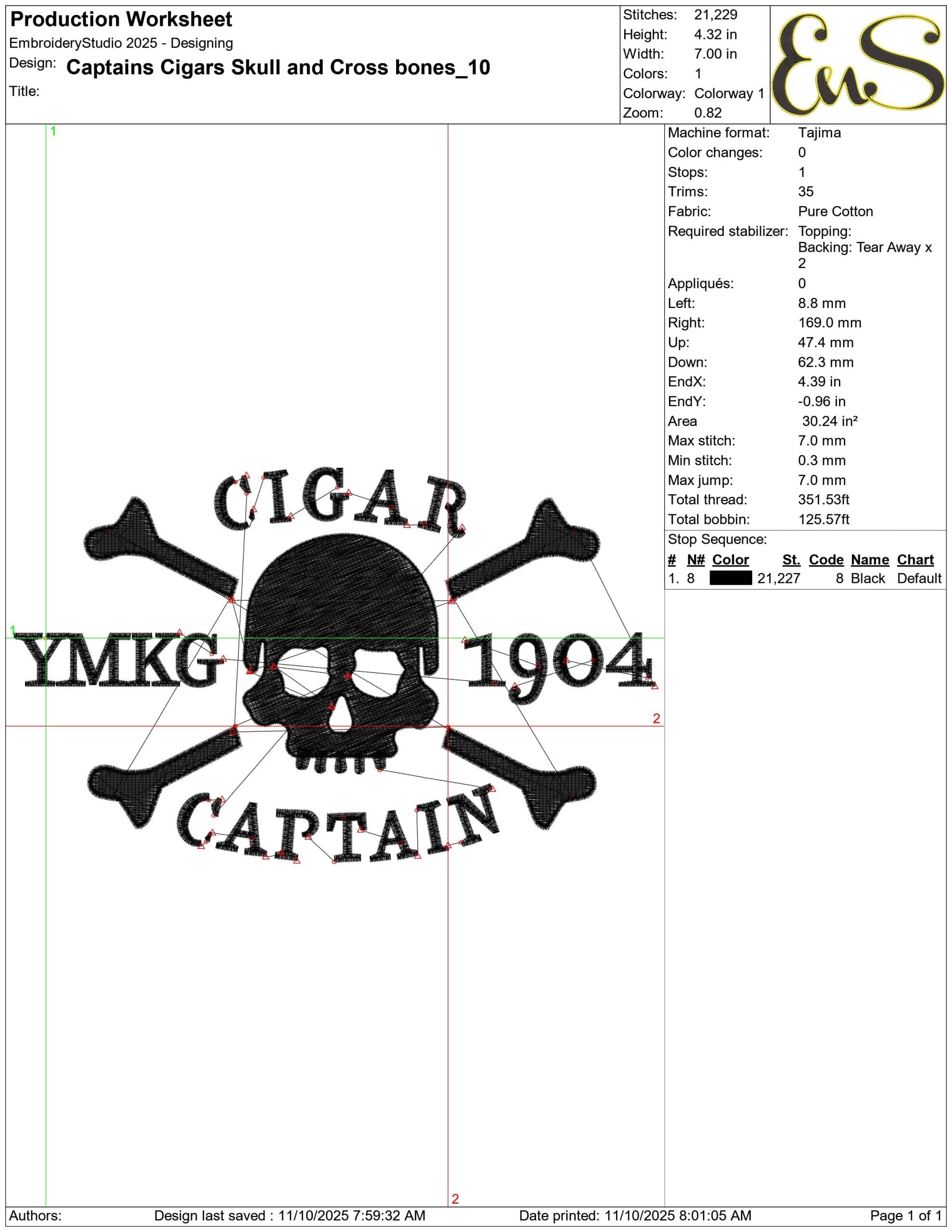 Captains Cigars Skull and Cross bones- Elegant embroidery design file - instant download — view 3