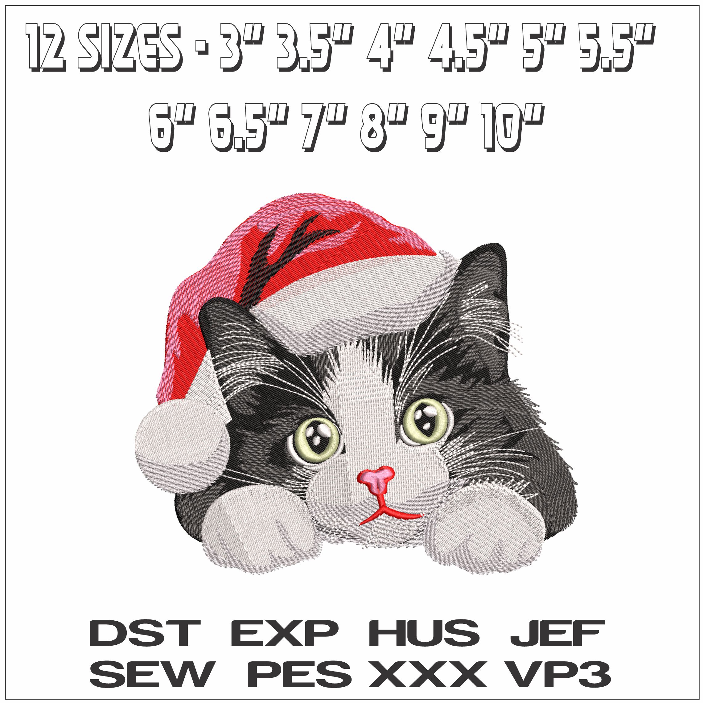 Cat with Christmas Hat- Elegant embroidery design file - instant download — view 2
