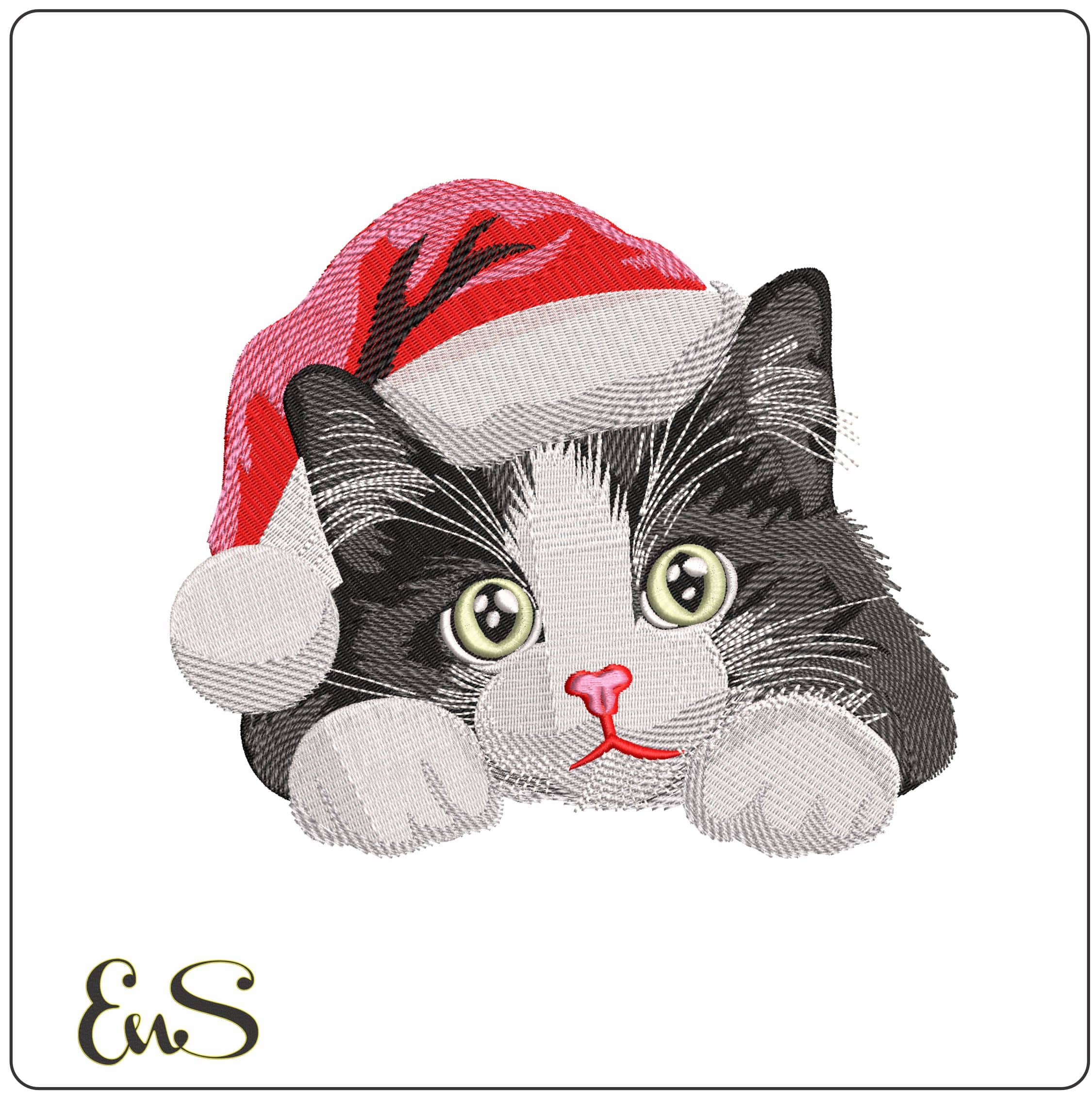 Cat with Christmas Hat- Elegant embroidery design file - instant download