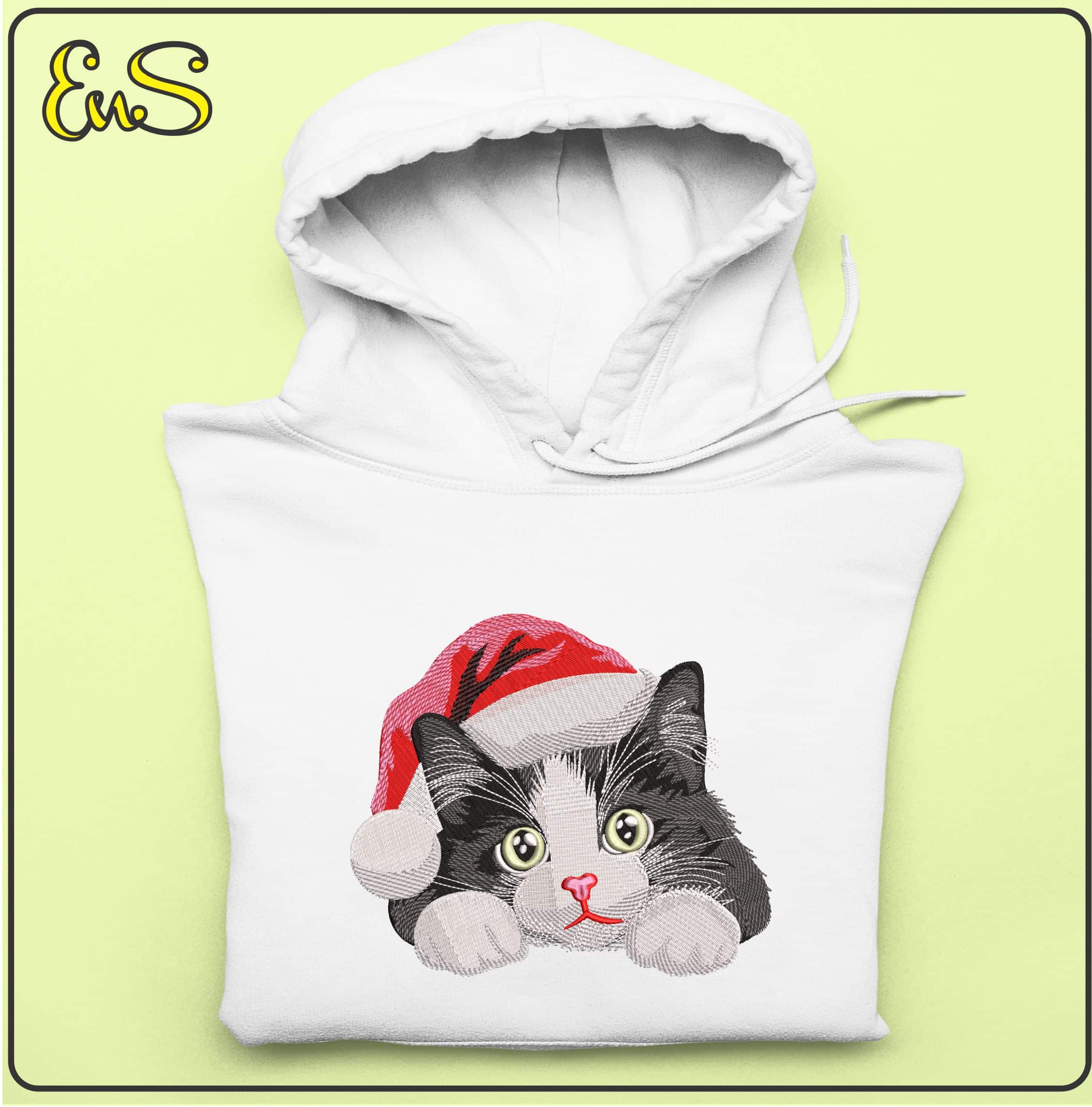 Cat with Christmas Hat- Elegant embroidery design file - instant download — view 3