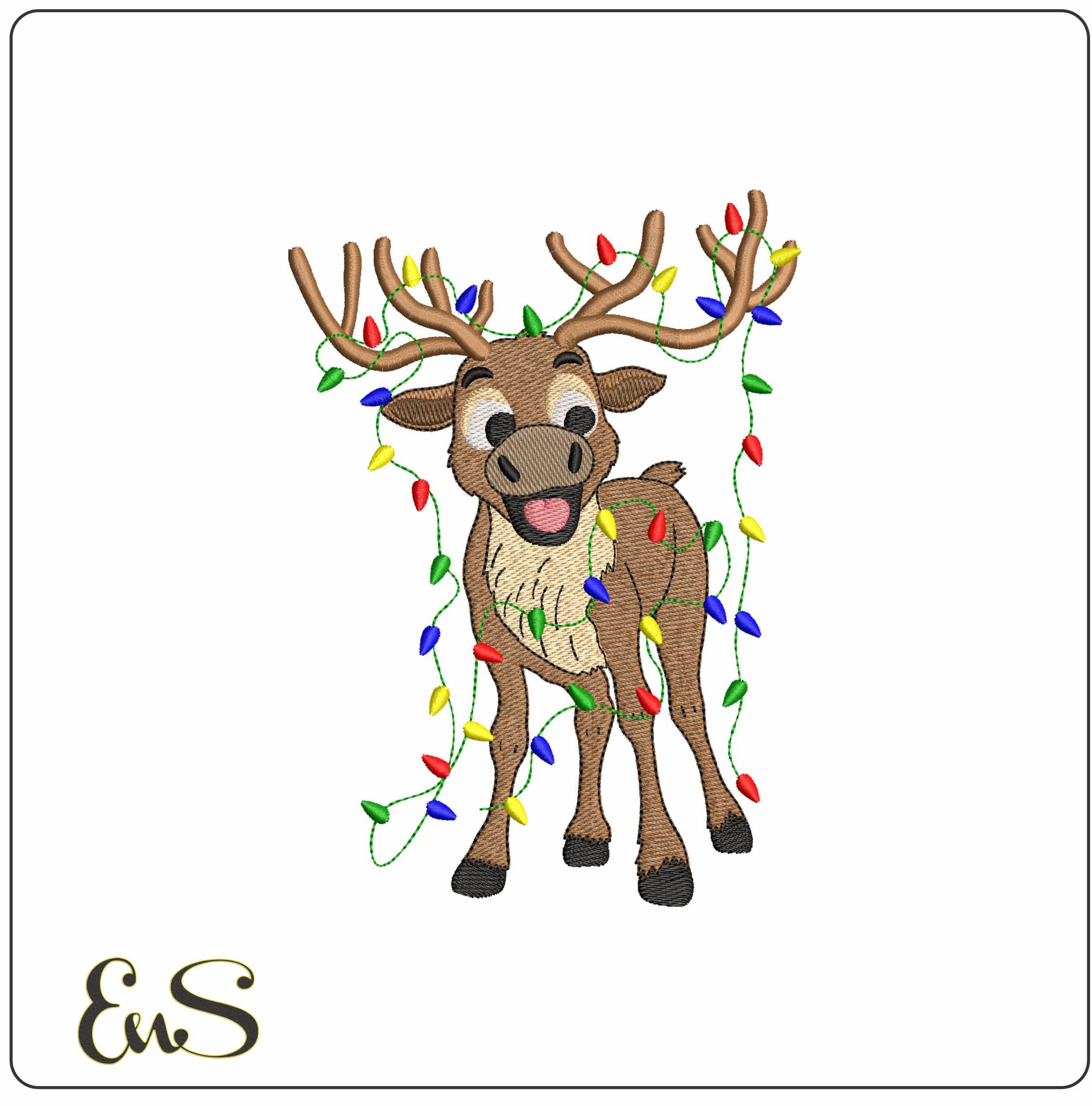 Christmas Reindeer with Xmas Lights - Elegant embroidery design file - instant download