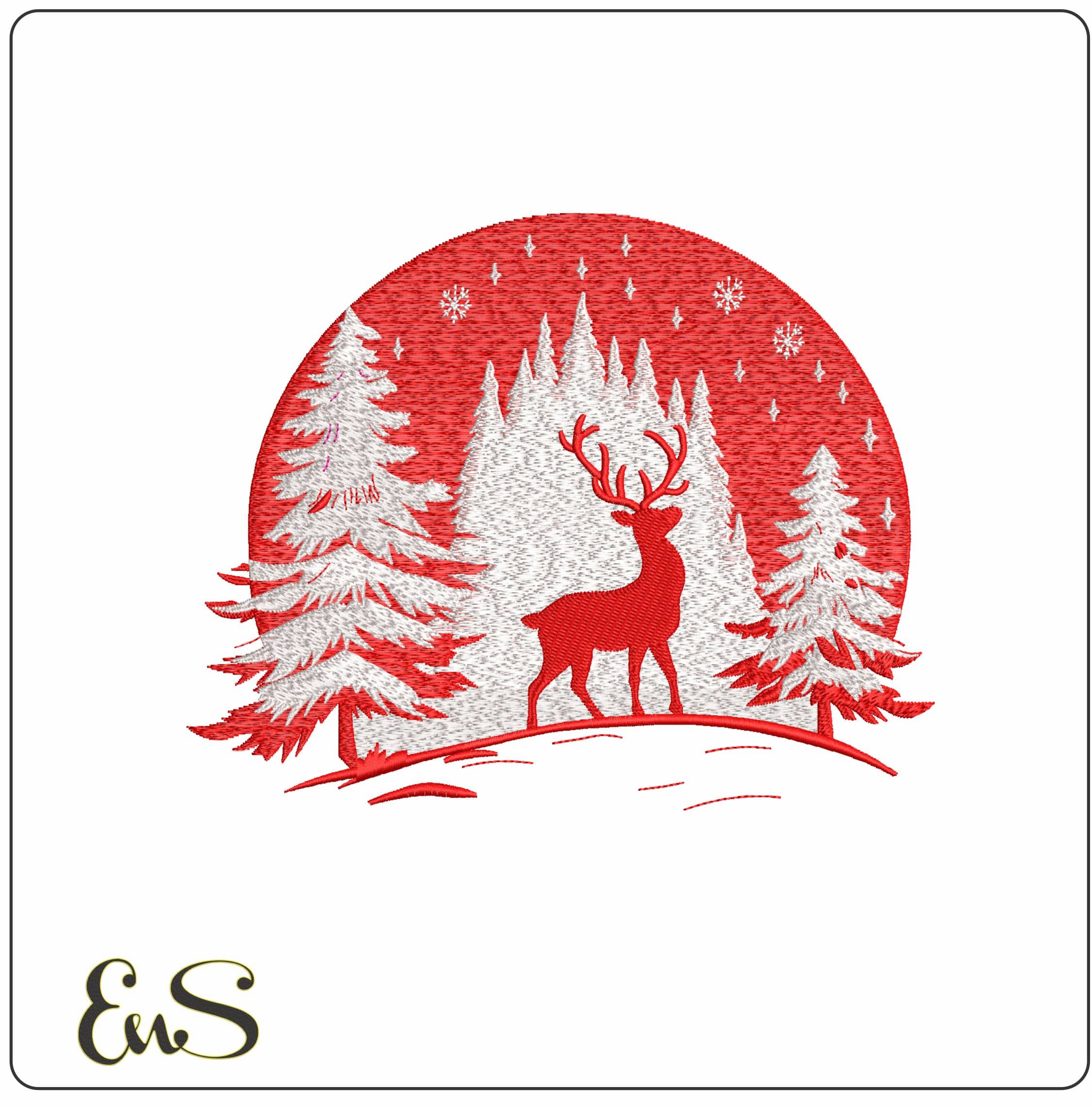 Christmas Scene Reindeer and Pine trees- Elegant embroidery design file - instant download