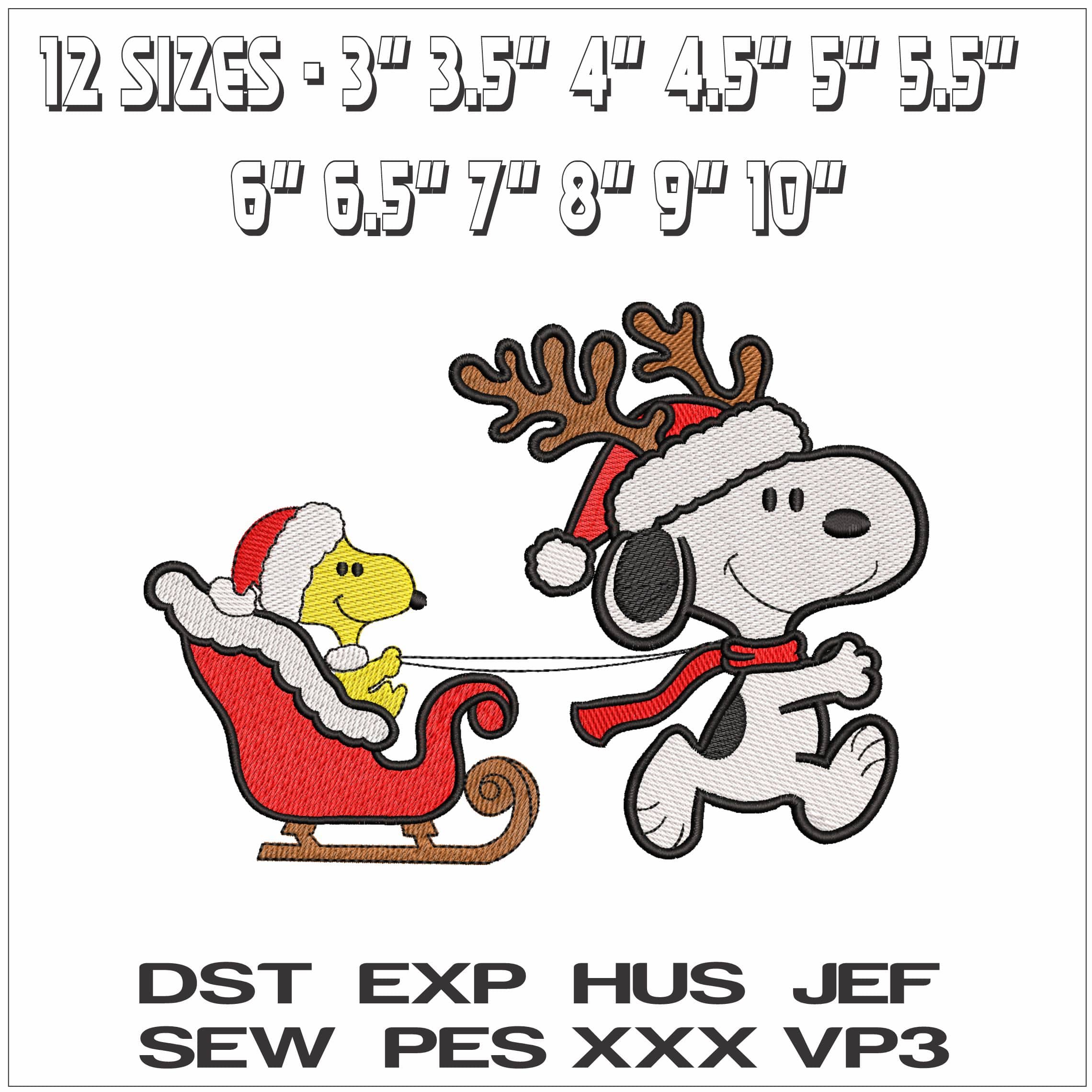 Christmas Sleigh Woodstock and Snoopy- Elegant embroidery design file - instant download — view 2