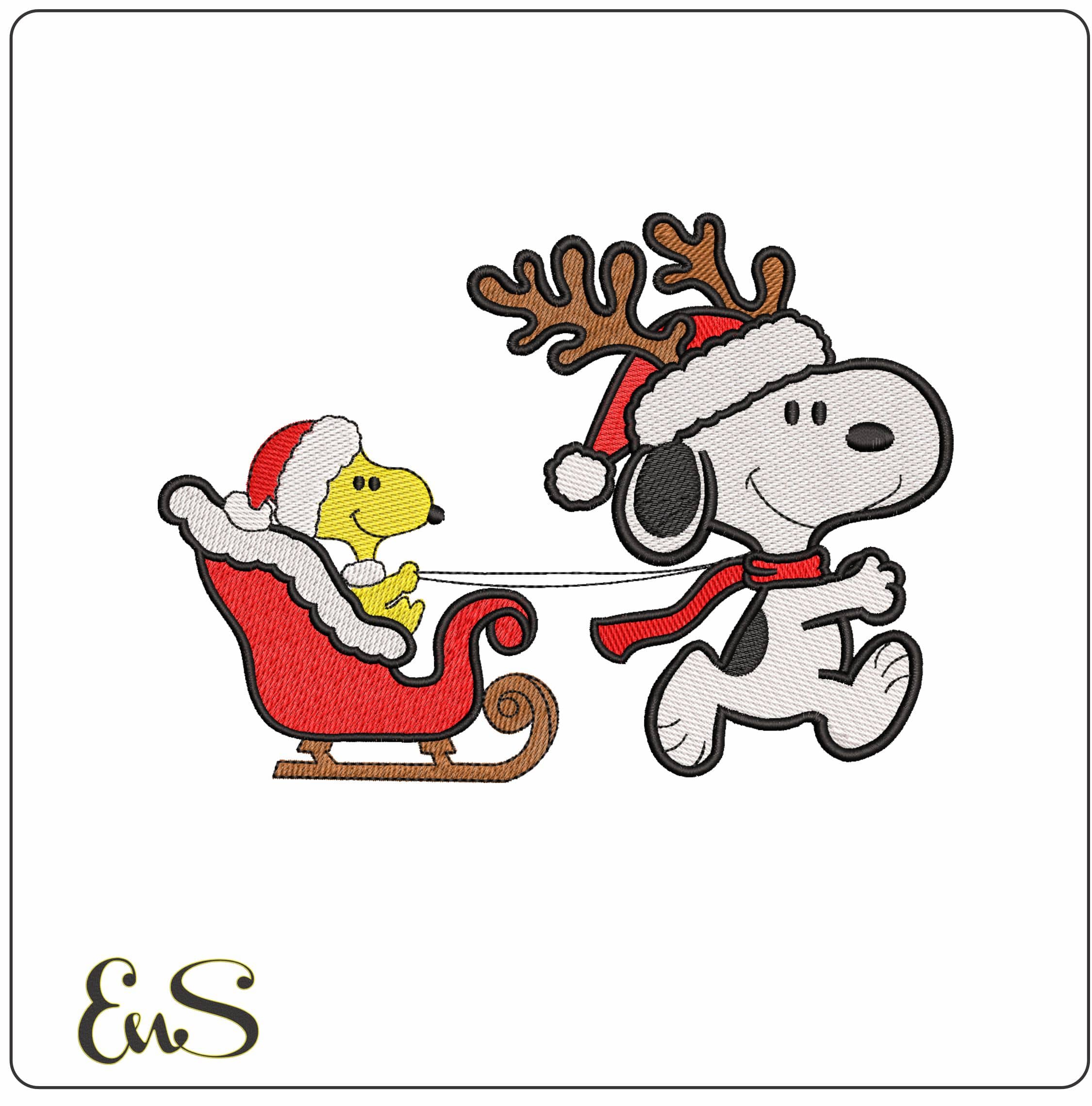 Christmas Sleigh Woodstock and Snoopy- Elegant embroidery design file - instant download