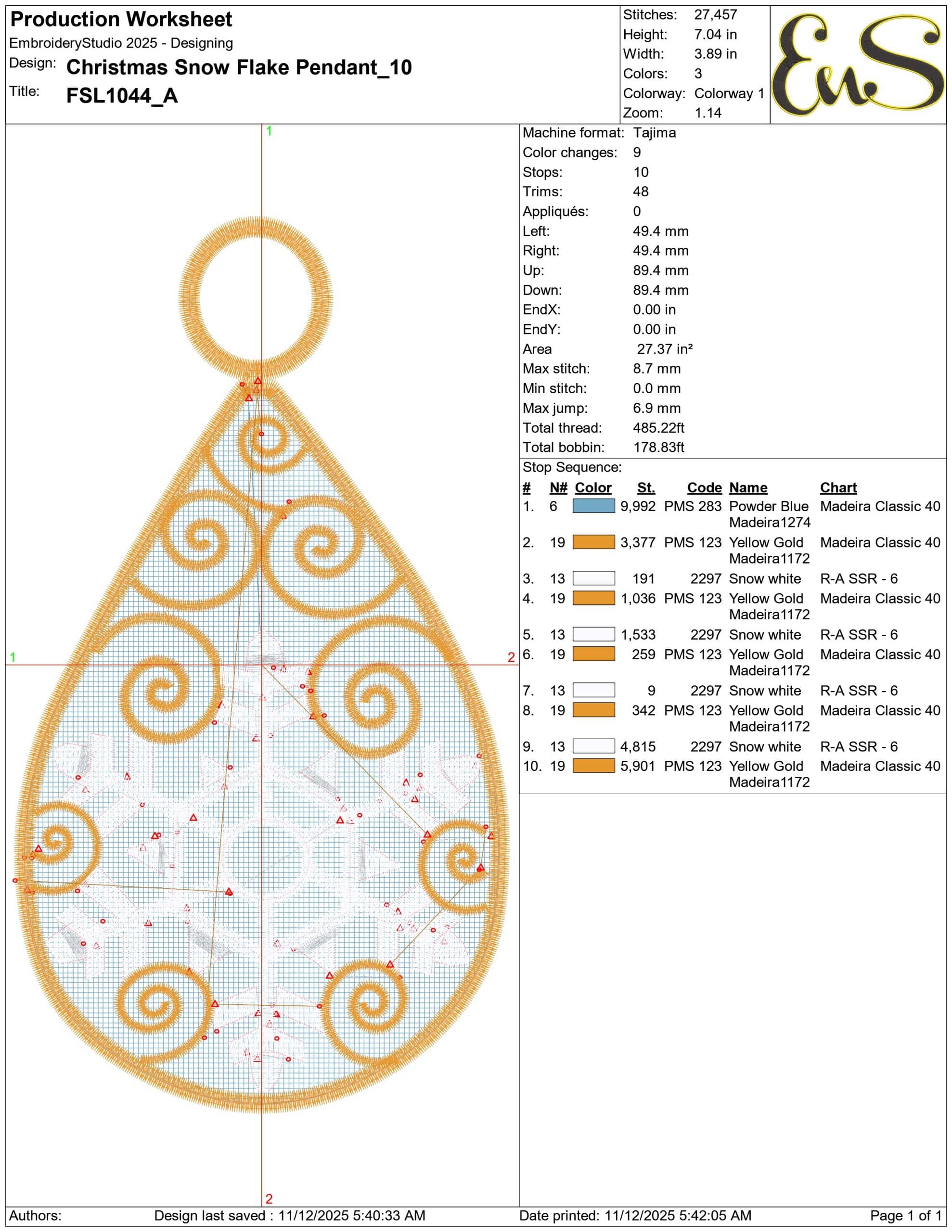 Christmas Snow Flake Pendant- Elegant embroidery design file - instant download — view 3