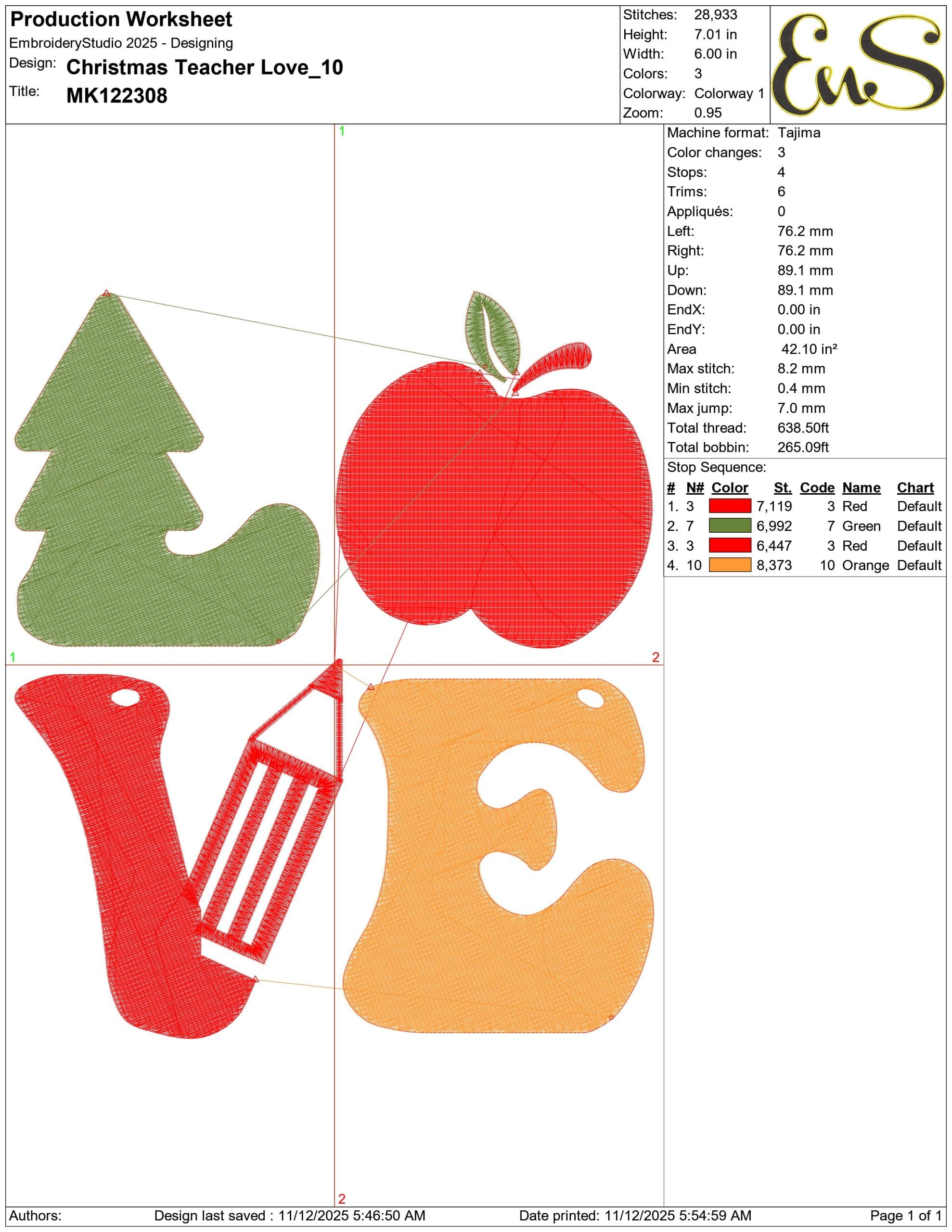 Christmas Teacher Love- Elegant embroidery design file - instant download — view 3