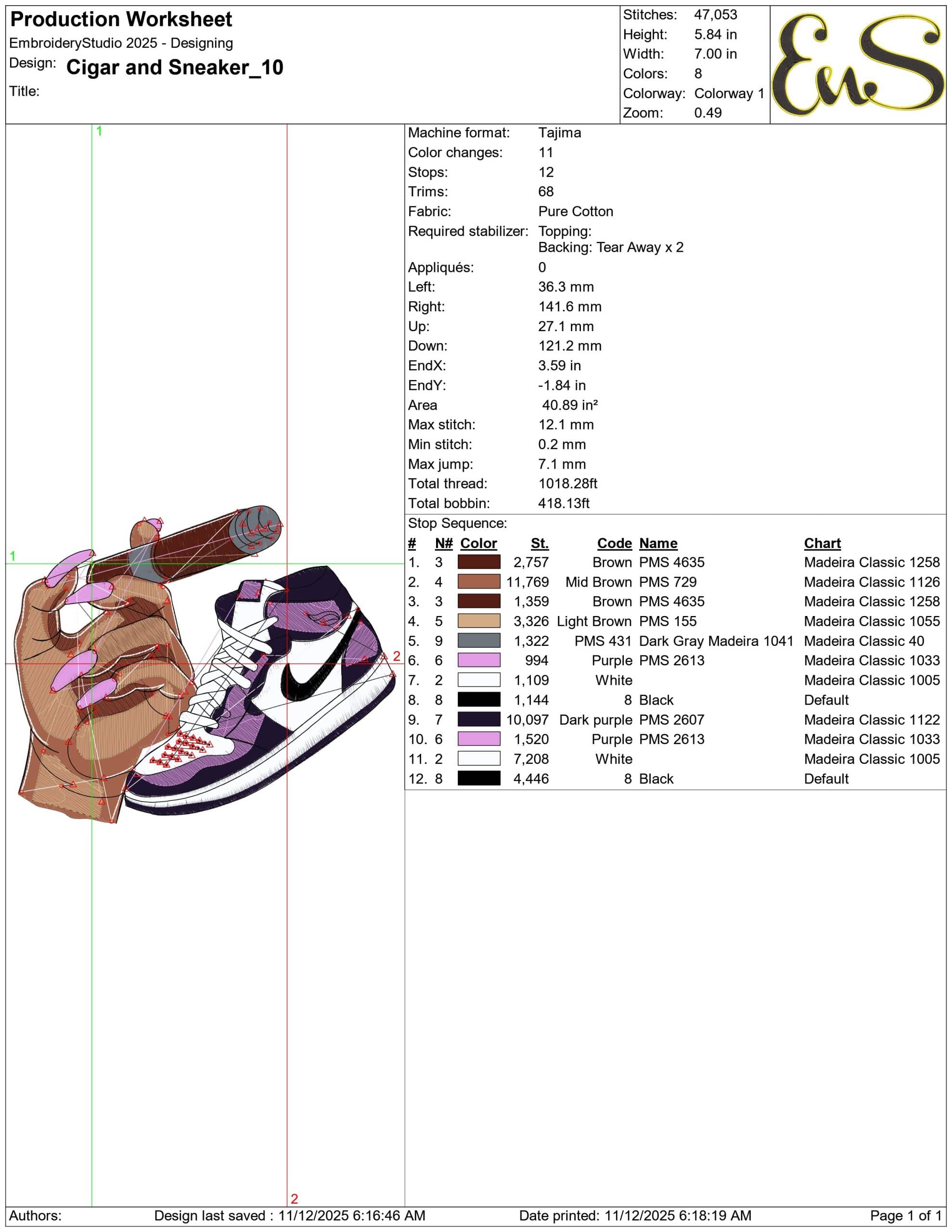 Cigar and Sneaker- Elegant embroidery design file - instant download — view 3