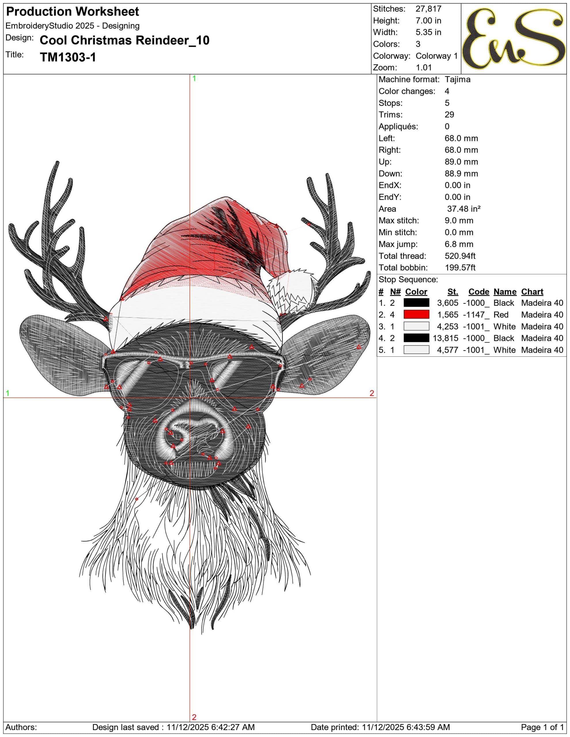 Cool Christmas Reindeer - Elegant embroidery design file - instant download — view 3
