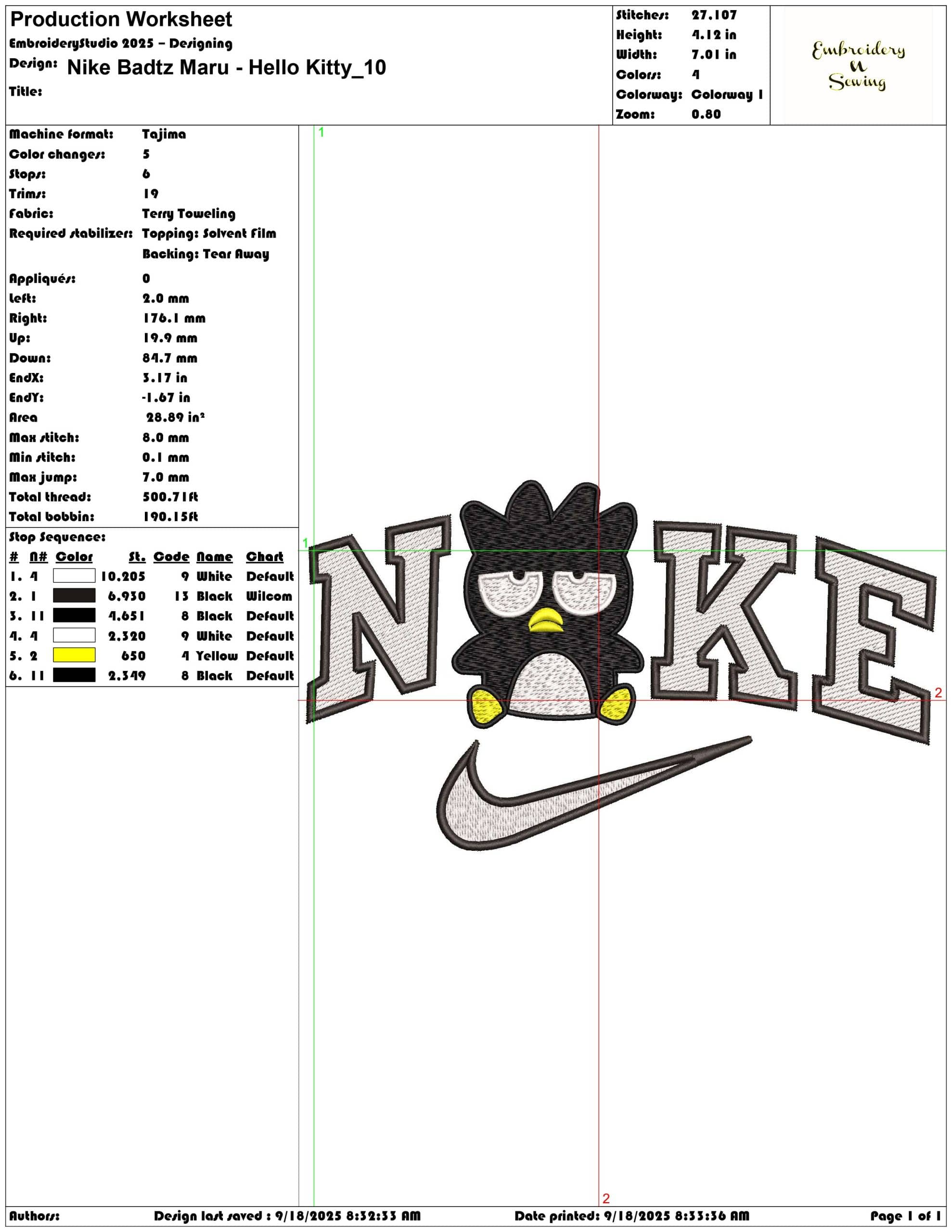 Nike Badtz Maru Hello Kitty - Elegant embroidery design file - instant download — view 3