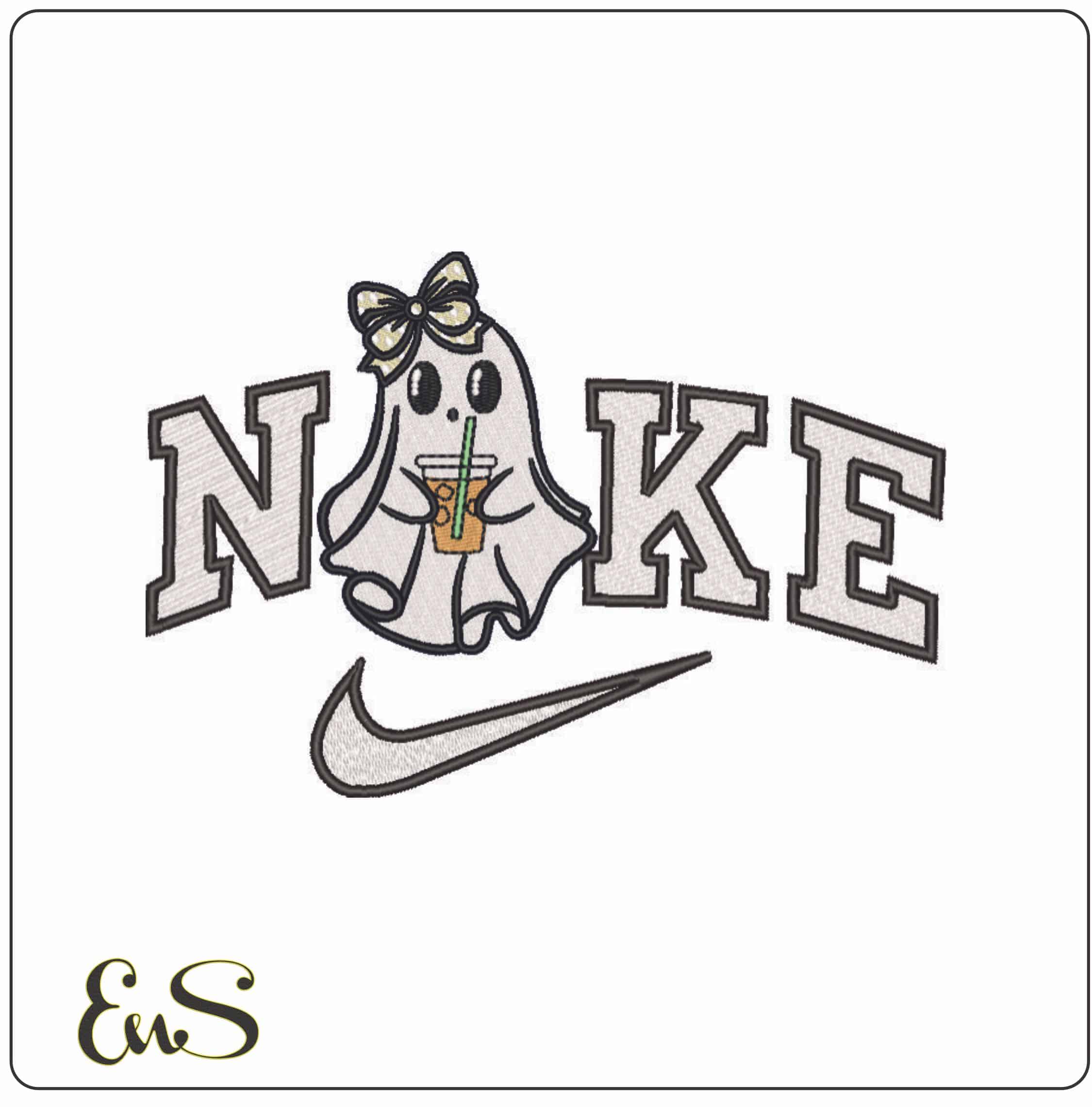 Nike Boo Ghost with Bow - Elegant embroidery design file - instant download