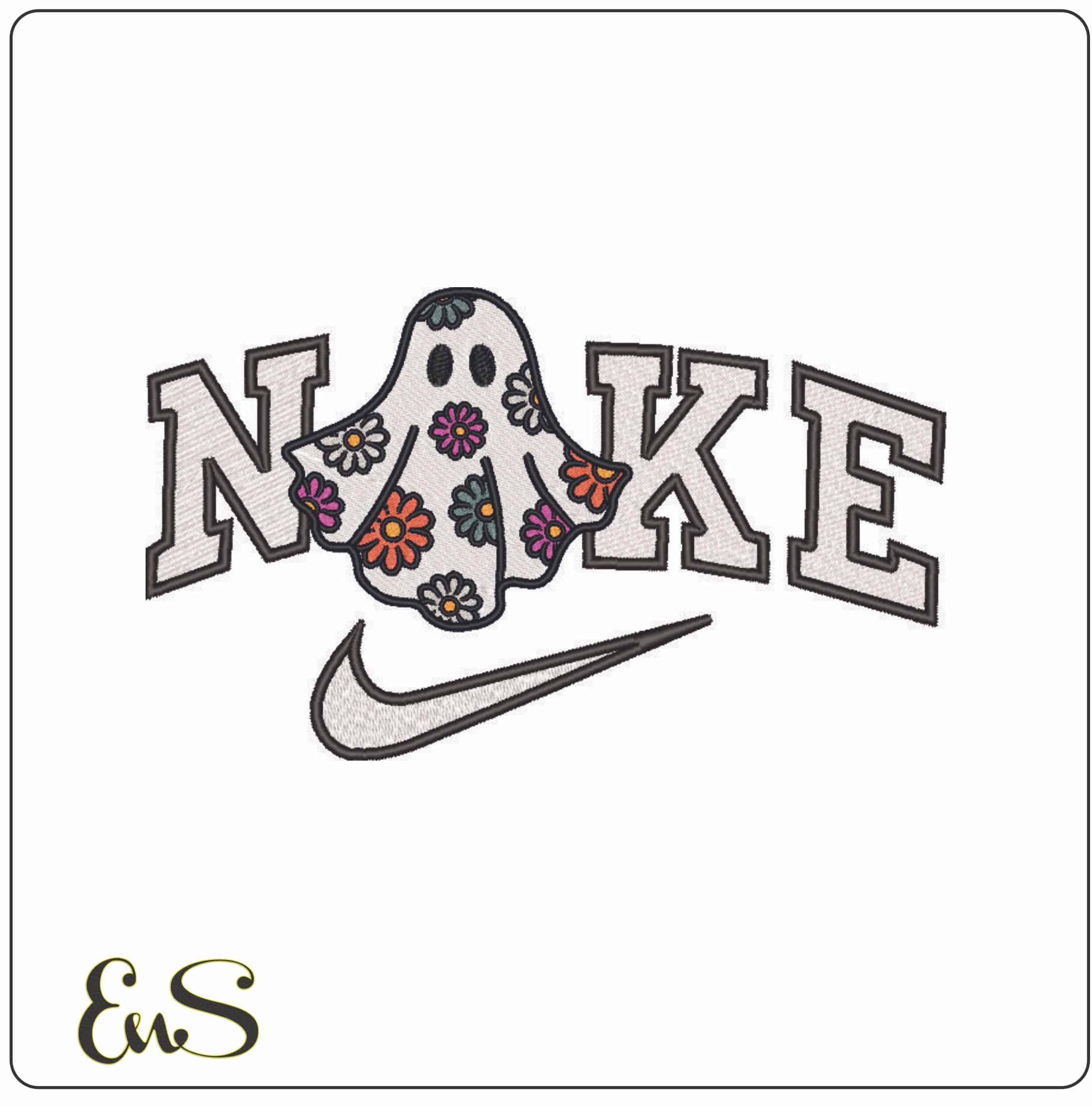 Nike Boo Ghost with Flowers - Elegant embroidery design file - instant download