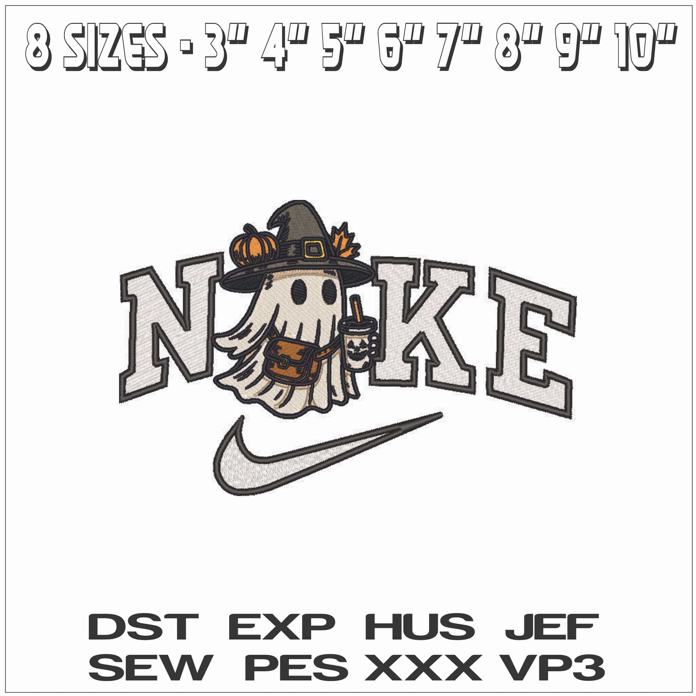 Nike Boo Ghost with Halloween Coffee - Elegant embroidery design file - instant download — view 2