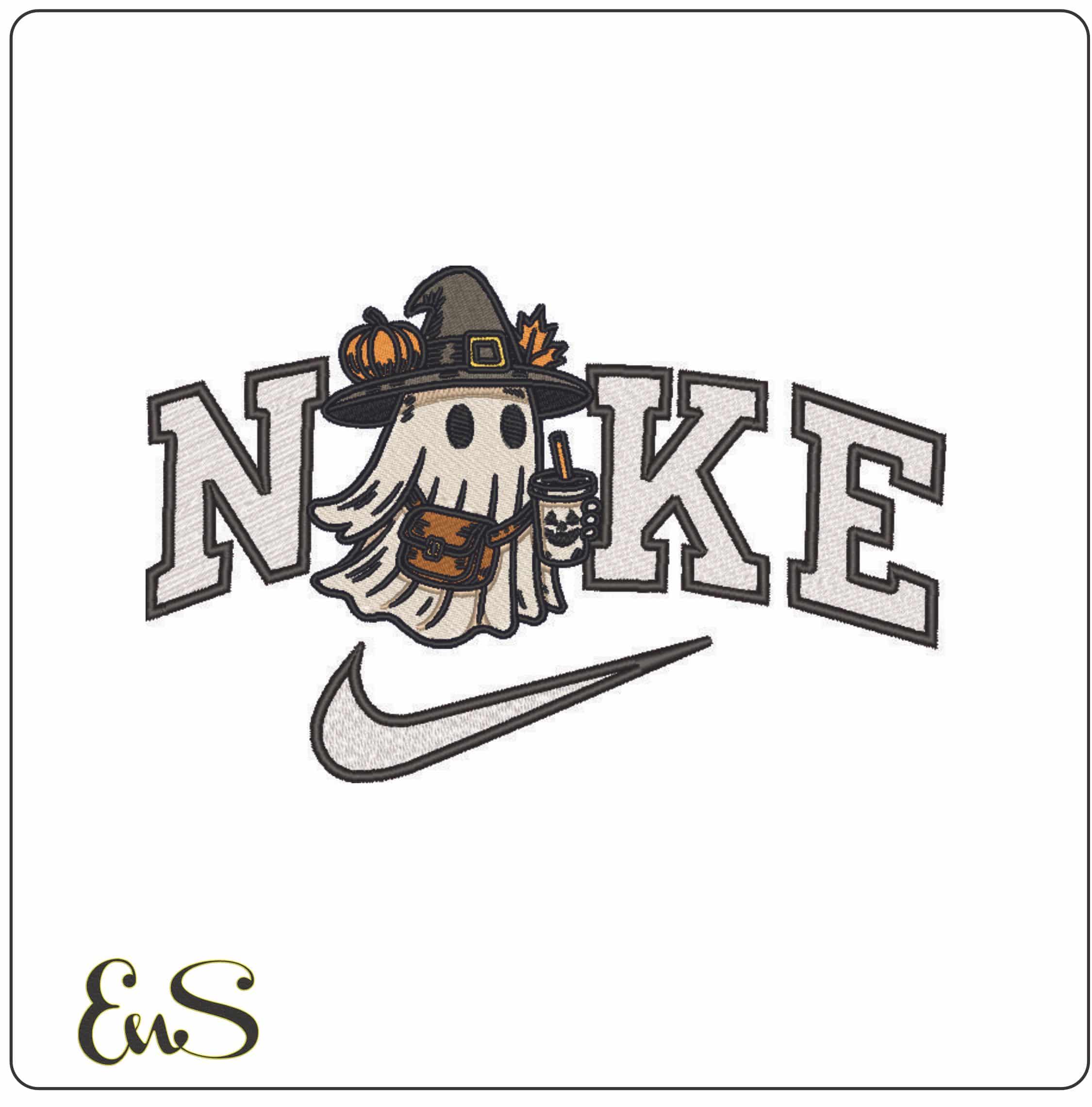 Nike Boo Ghost with Halloween Coffee - Elegant embroidery design file - instant download