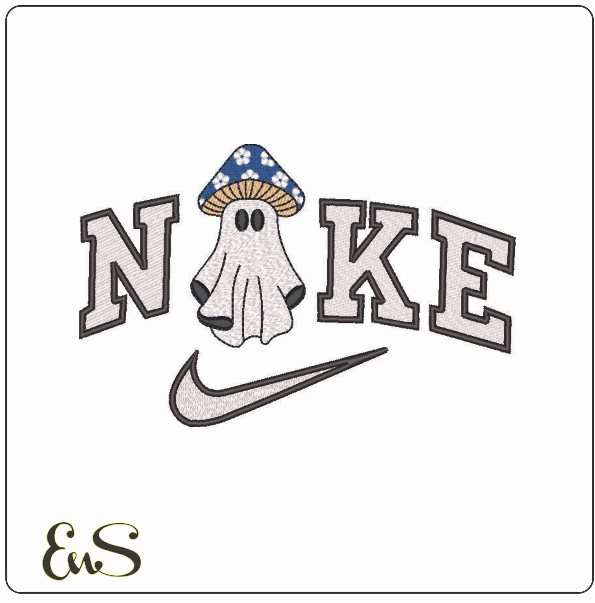 Nike Boo Ghosts as Blue with Flowers Mushroom - Elegant embroidery design file - instant download