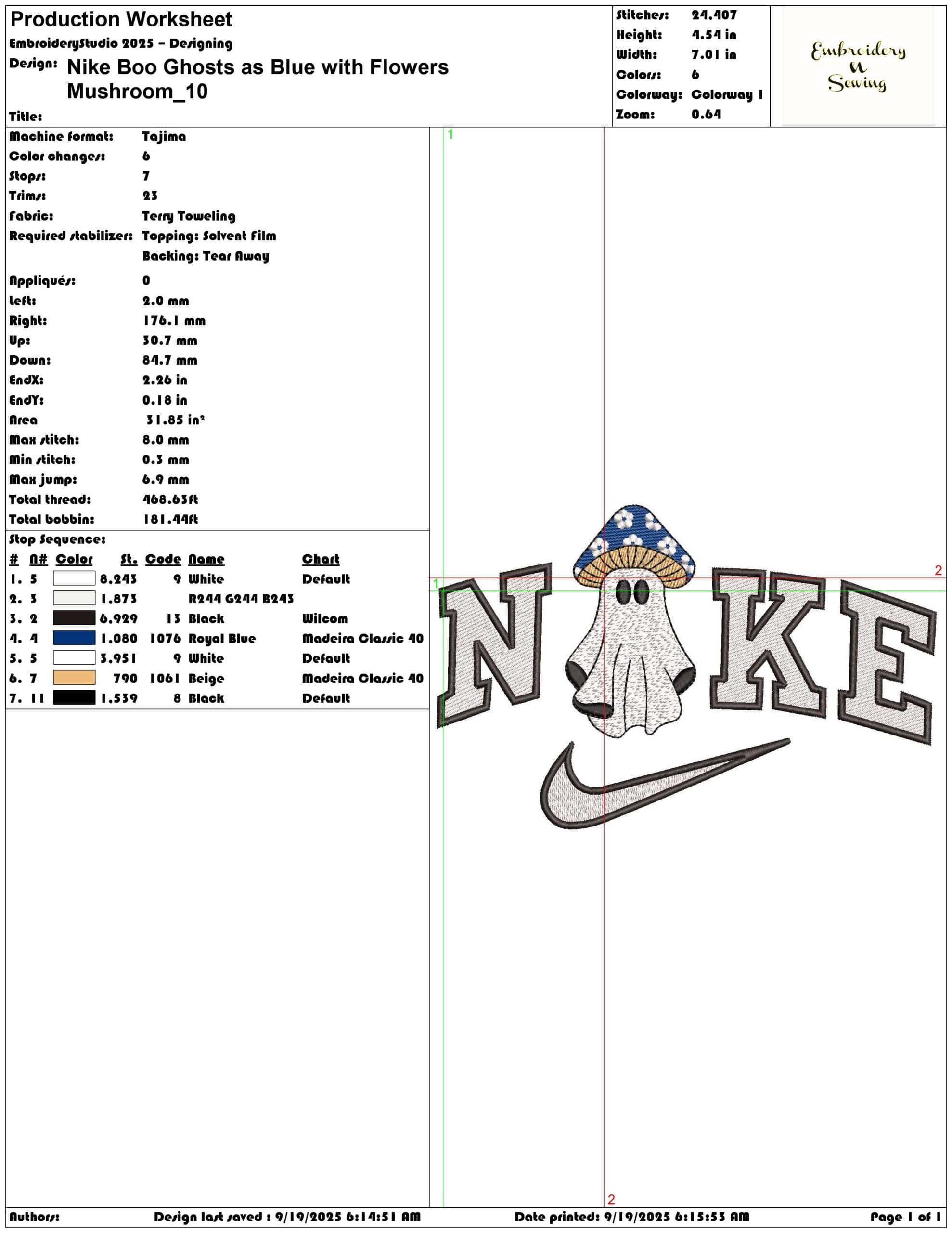Nike Boo Ghosts as Blue with Flowers Mushroom - Elegant embroidery design file - instant download — view 3