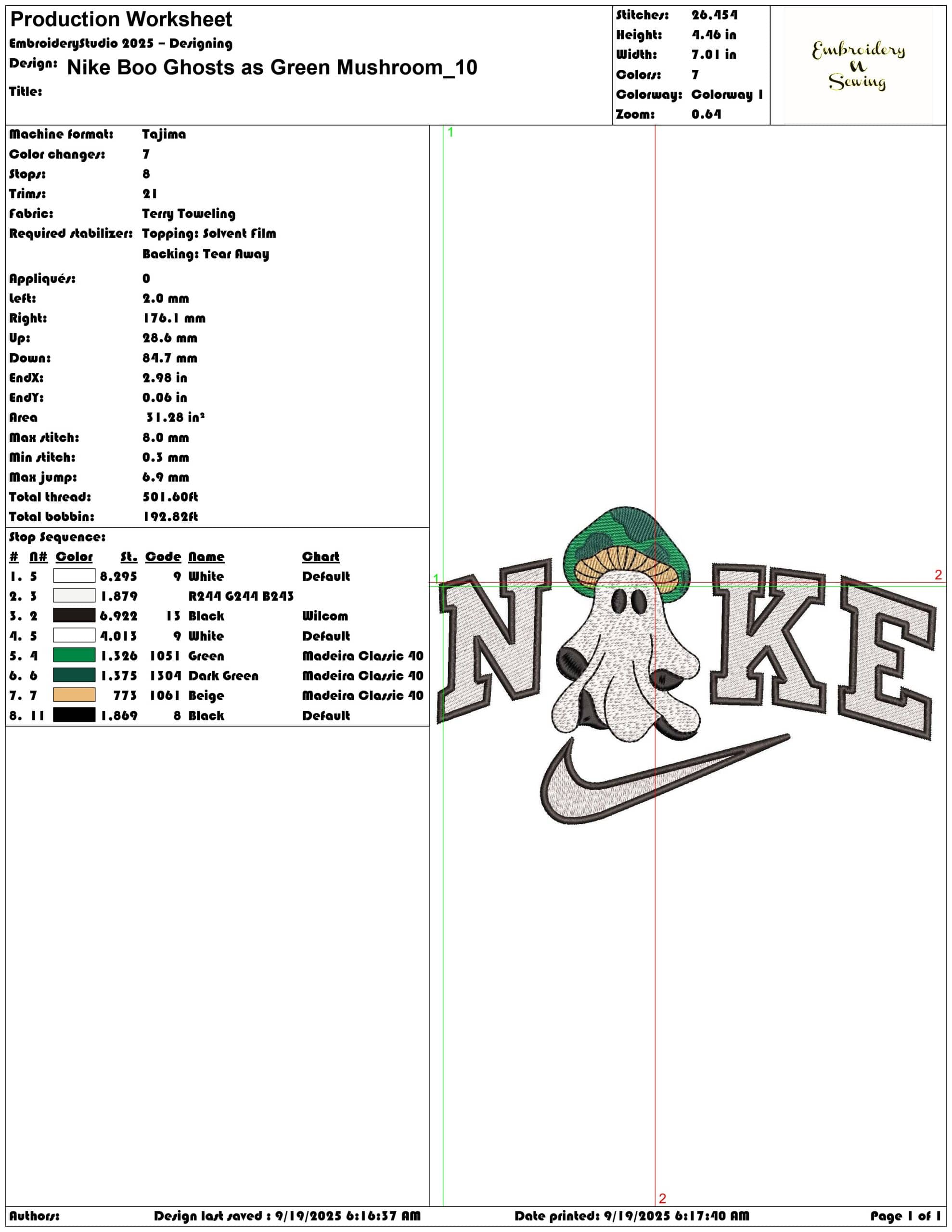 Nike Boo Ghosts as Green Mushroom - Elegant embroidery design file - instant download — view 3