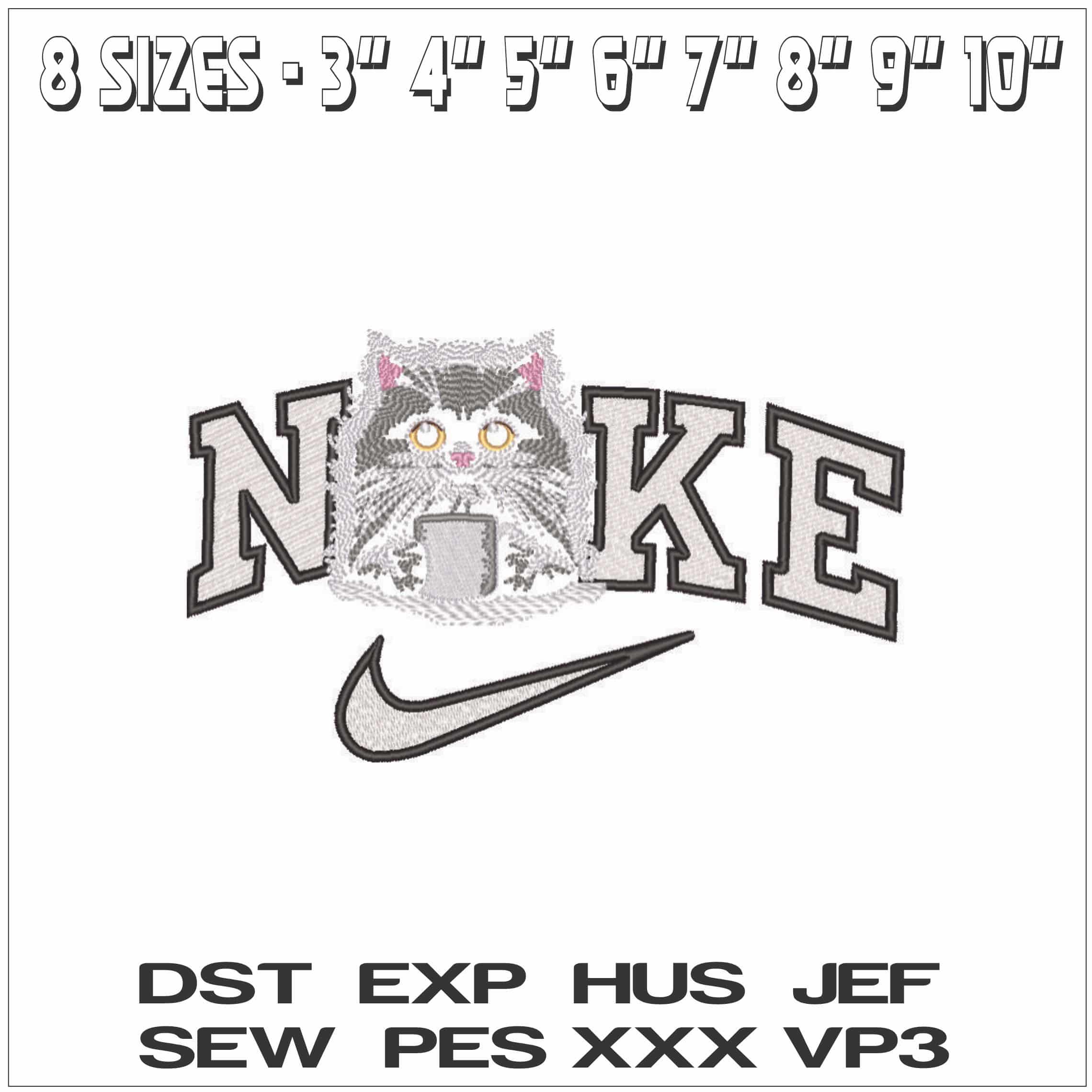 Nike Cat with Cup of Coffee - Elegant embroidery design file - instant download — view 2