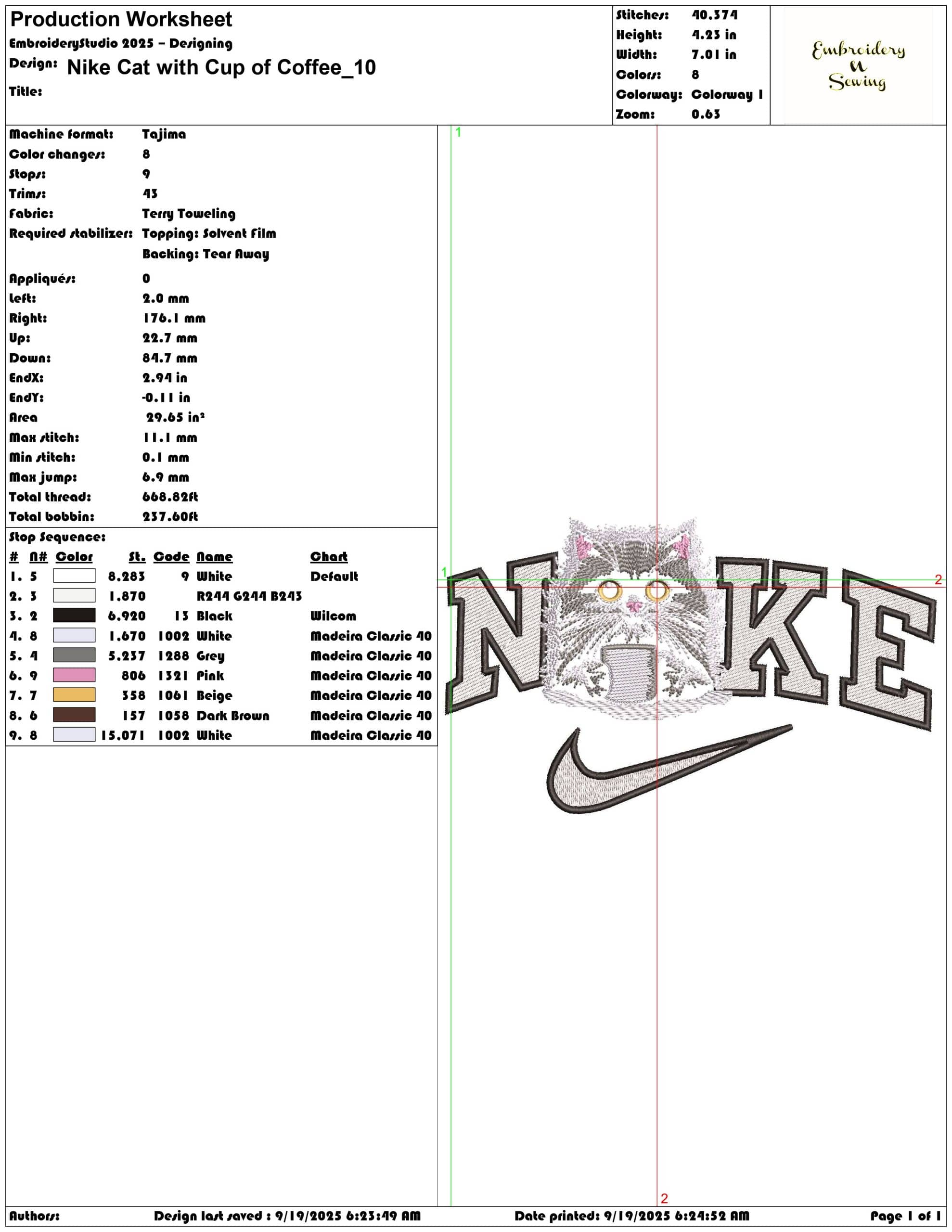 Nike Cat with Cup of Coffee - Elegant embroidery design file - instant download — view 3