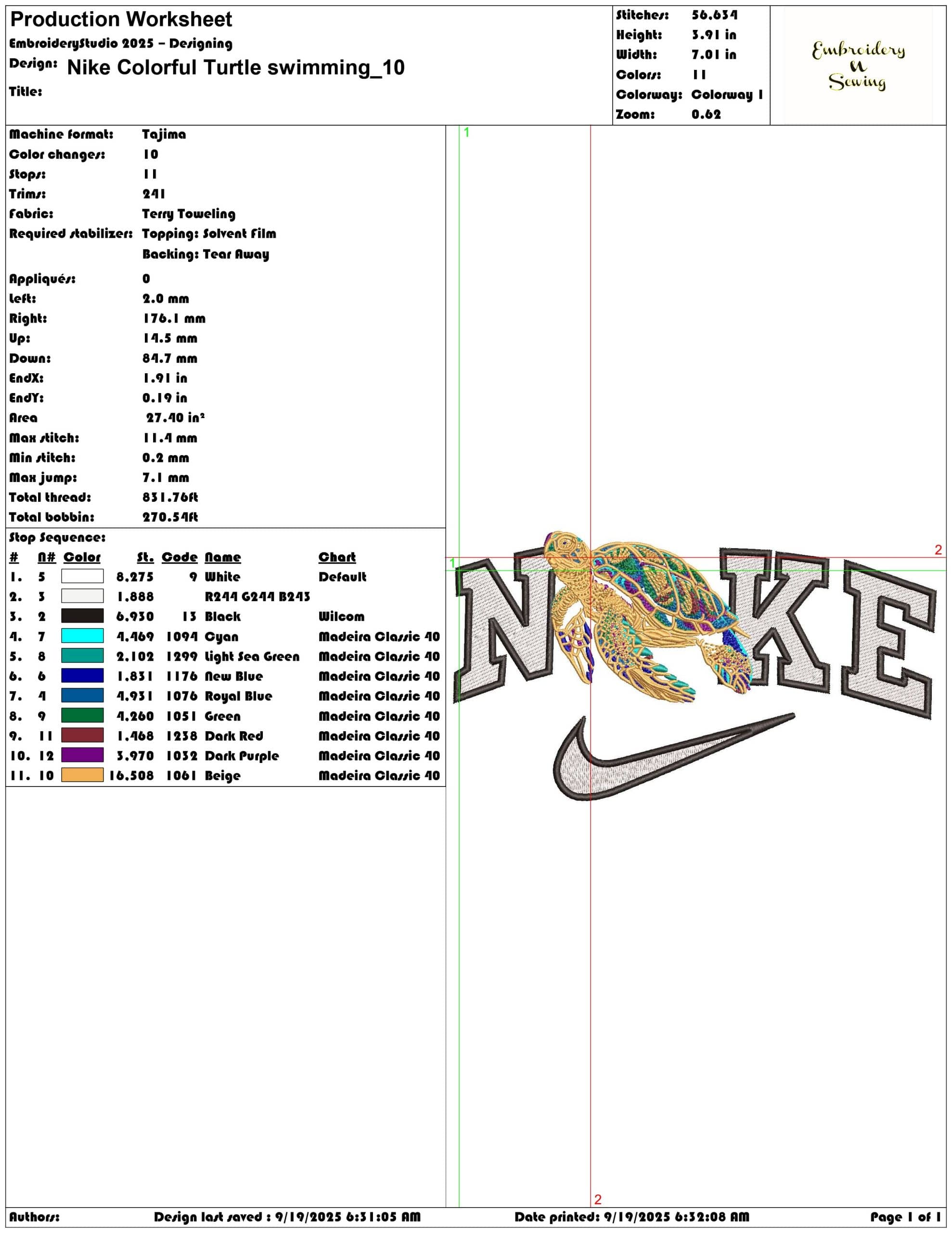 Nike Colorful Turtle swimming - Elegant embroidery design file - instant download — view 3
