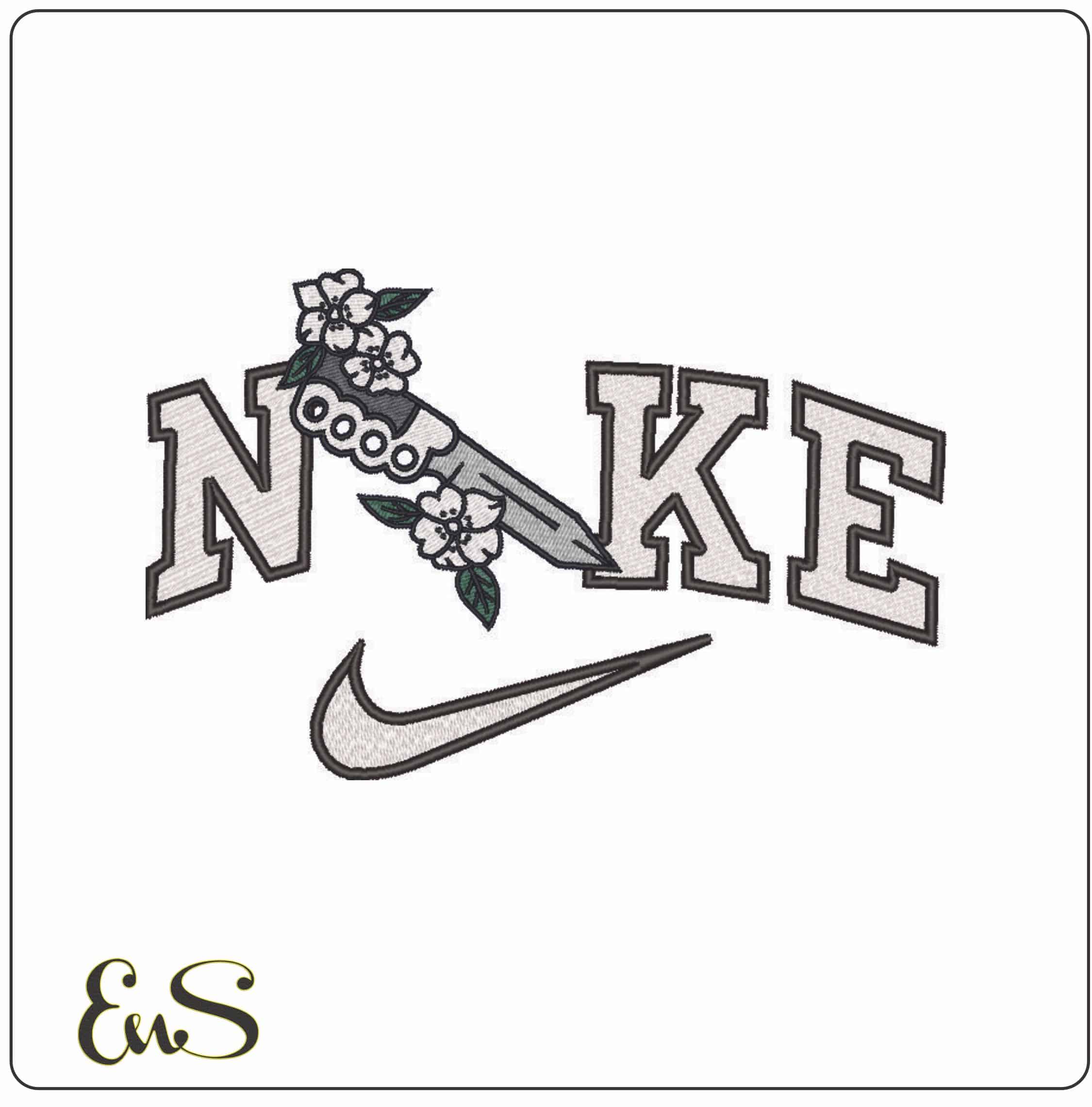 Nike Dagger Knuckle Dusters and Flowers - Elegant embroidery design file - instant download