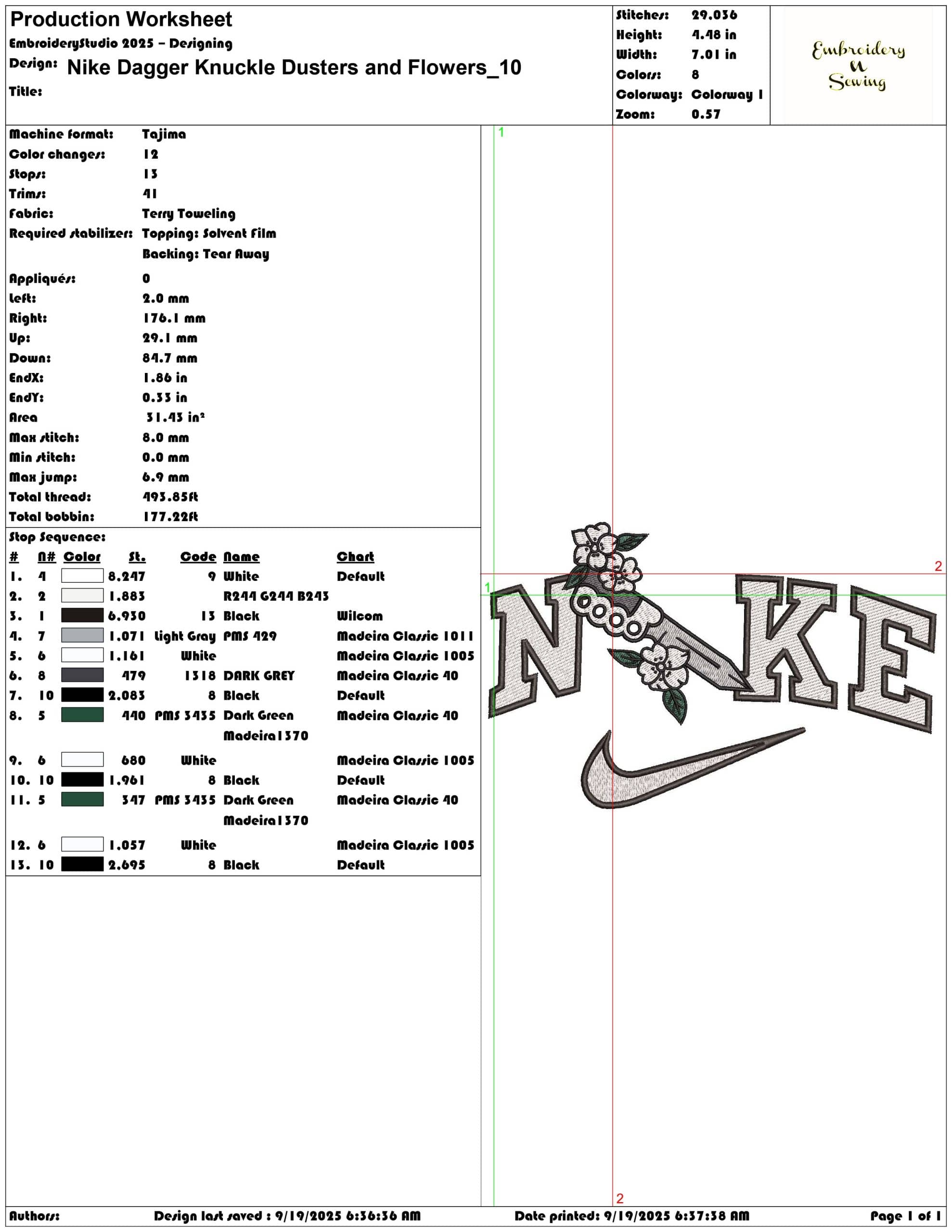 Nike Dagger Knuckle Dusters and Flowers - Elegant embroidery design file - instant download — view 3