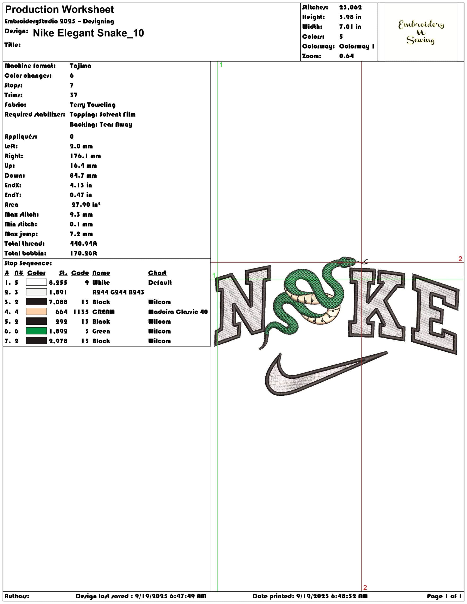 Nike Elegant Snake - Elegant embroidery design file - instant download — view 3