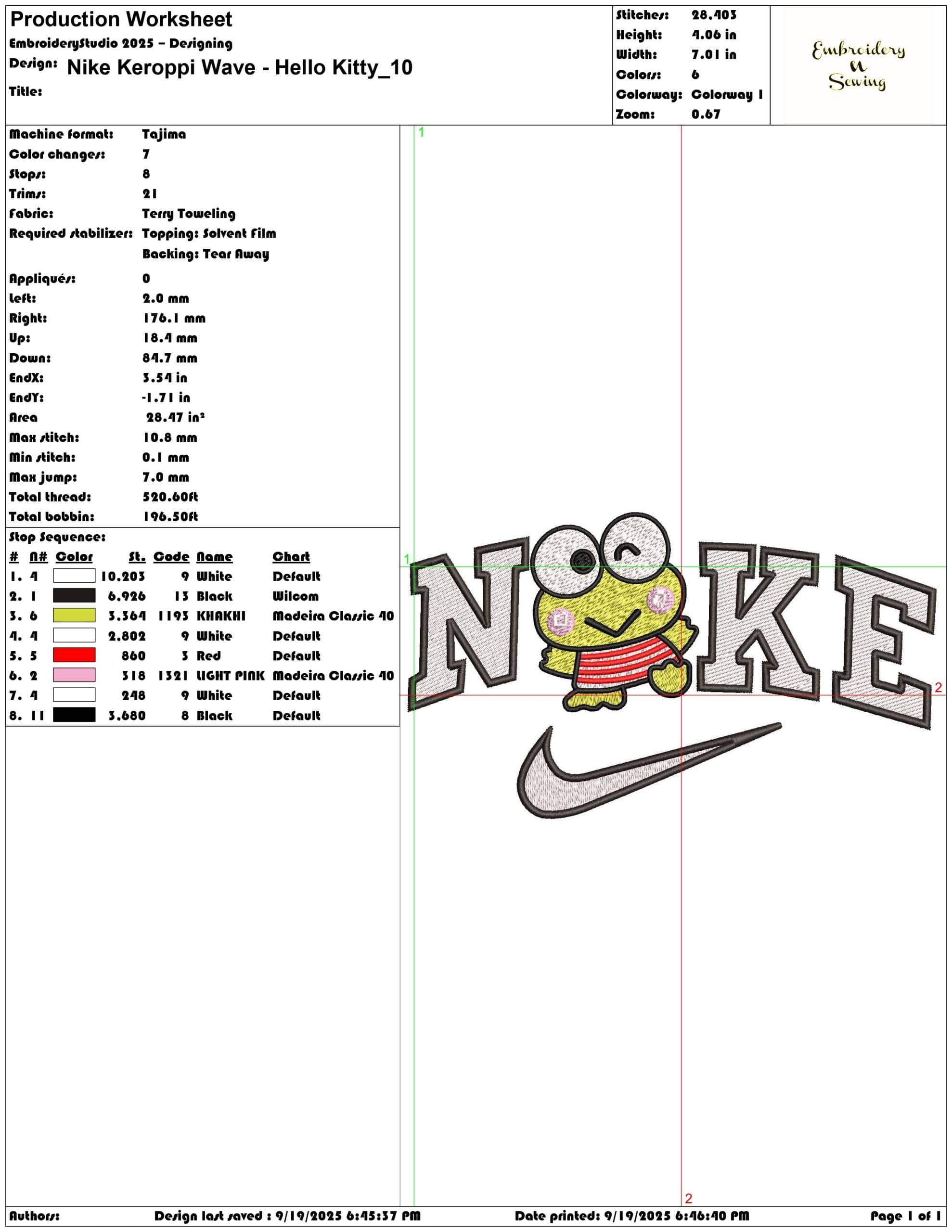 Nike Keroppi Wave Hello Kitty - Elegant embroidery design file - instant download — view 3