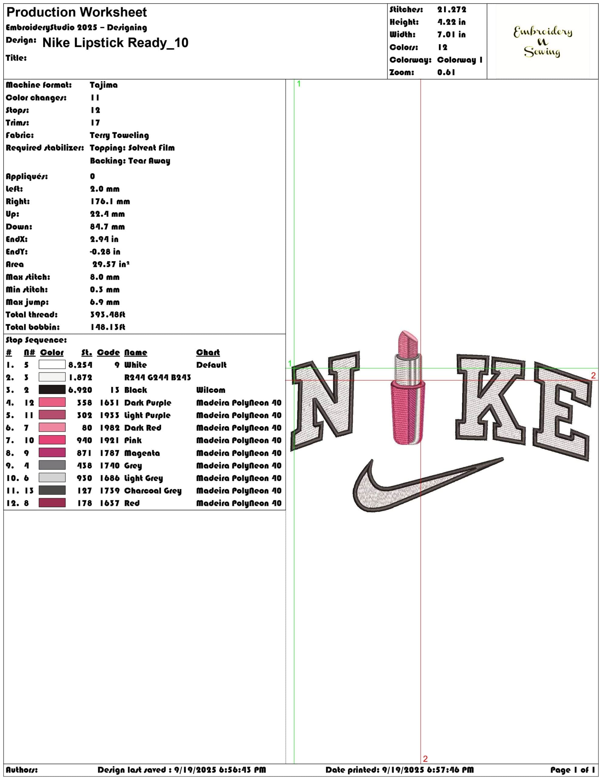 Nike Lipstick Ready - Elegant embroidery design file - instant download — view 3