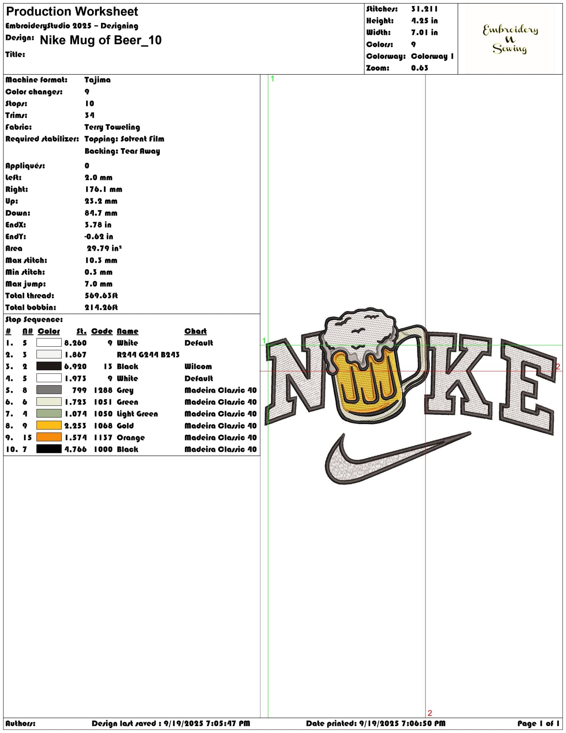 Nike Mug of Beer - Elegant embroidery design file - instant download — view 3