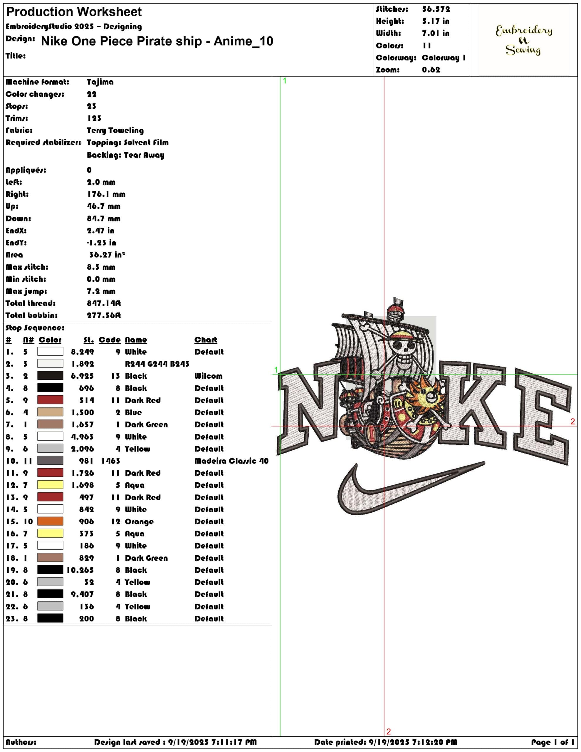 Nike One Piece Pirate ship Anime - Elegant embroidery design file - instant download — view 3