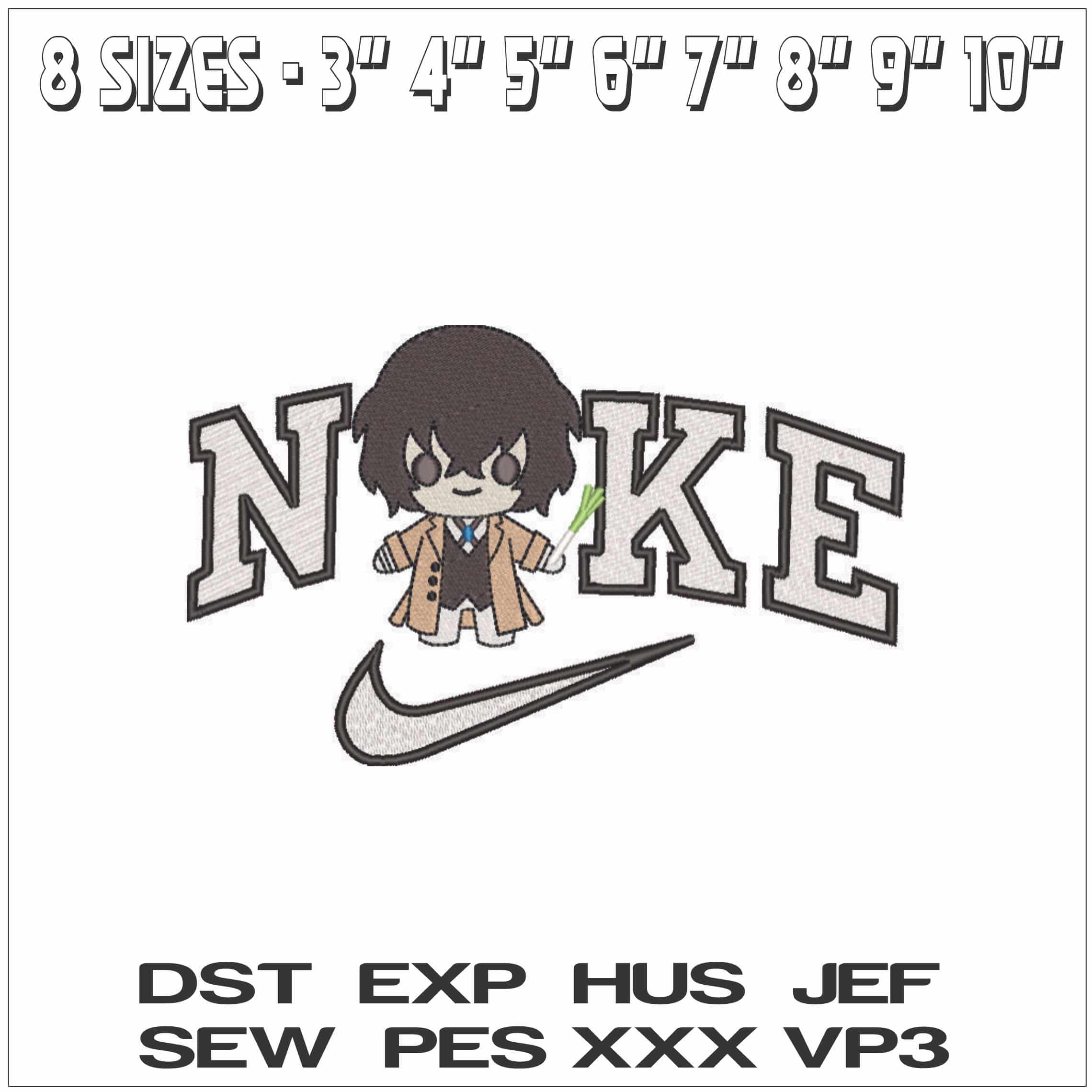 Nike Osamu Dazai Chibi Bungo Stray Dogs Anime - Elegant embroidery design file - instant download — view 2