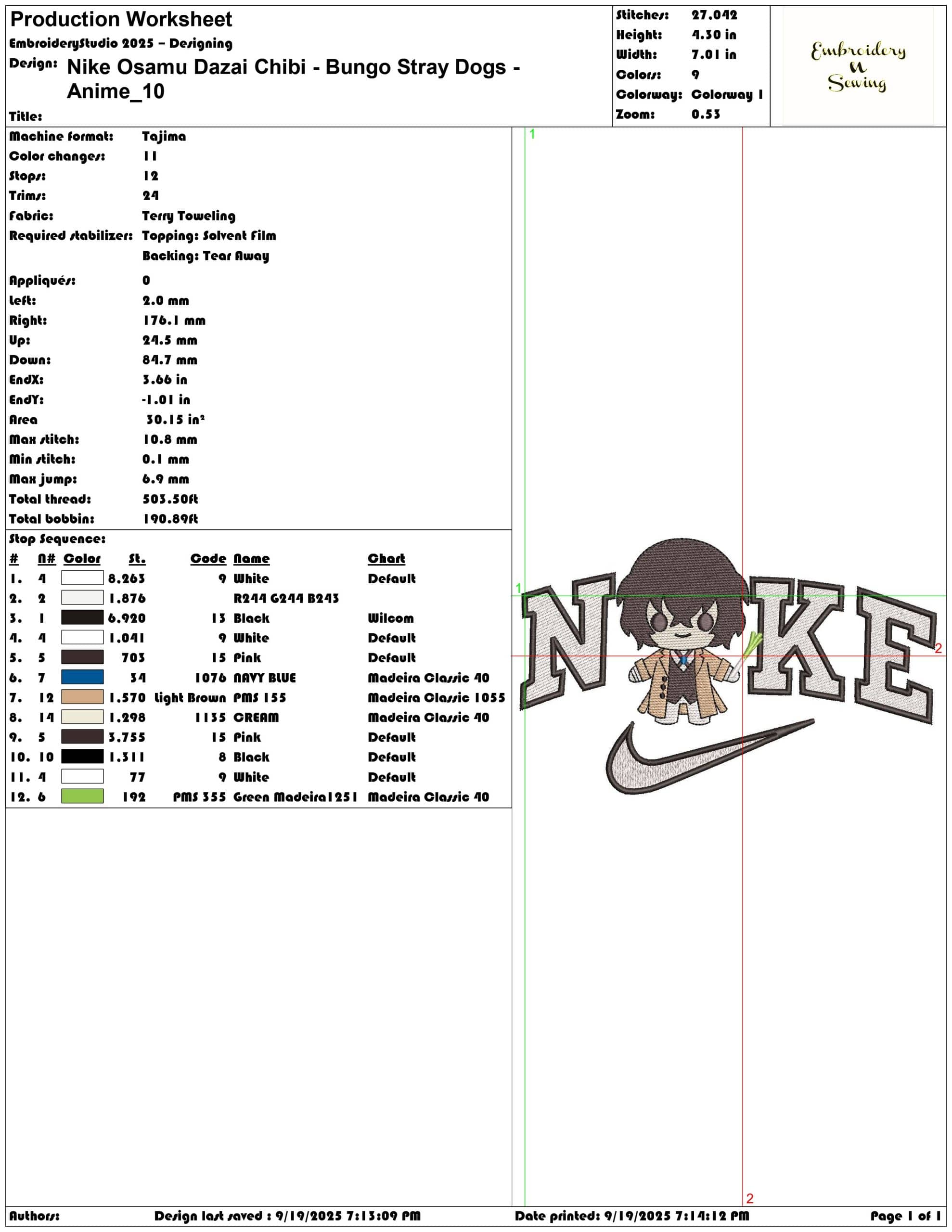 Nike Osamu Dazai Chibi Bungo Stray Dogs Anime - Elegant embroidery design file - instant download — view 3