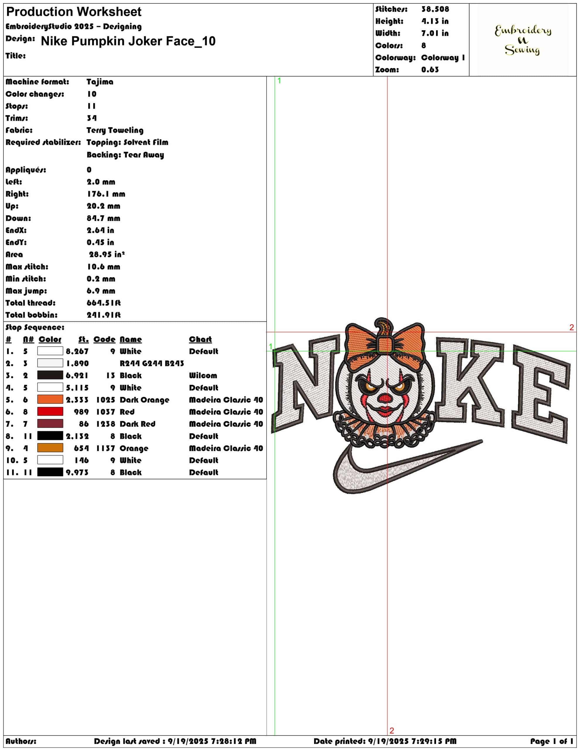Nike Pumpkin Joker Face  - Elegant embroidery design file - instant download — view 3
