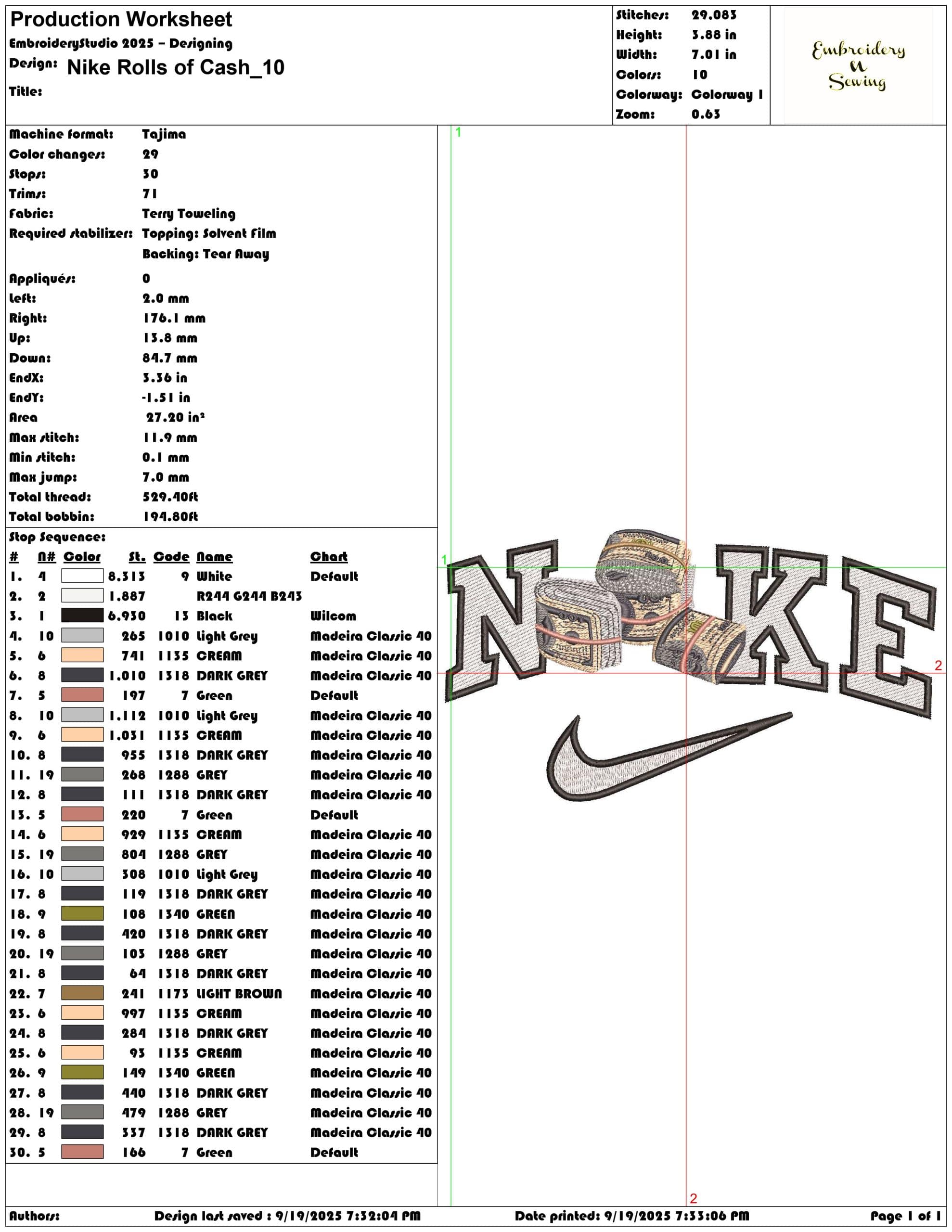 Nike Rolls of Cash  - Elegant embroidery design file - instant download — view 3