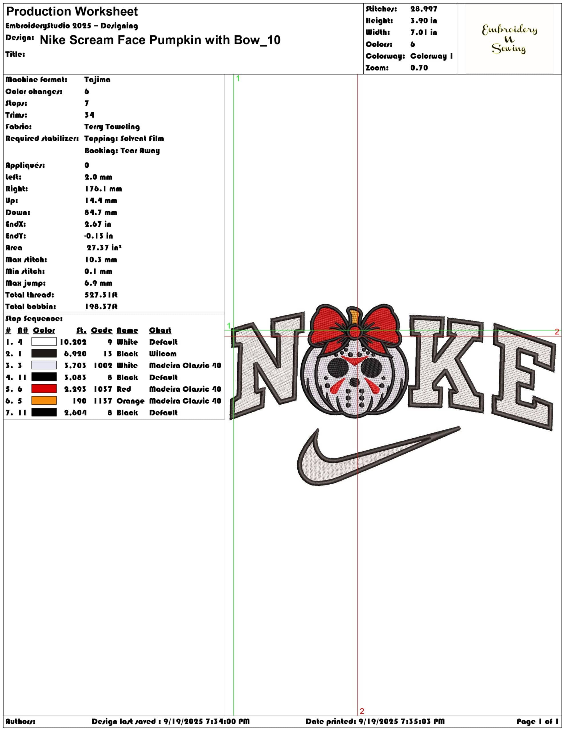 Nike Scream Face Pumpkin with Bow  - Elegant embroidery design file - instant download — view 3