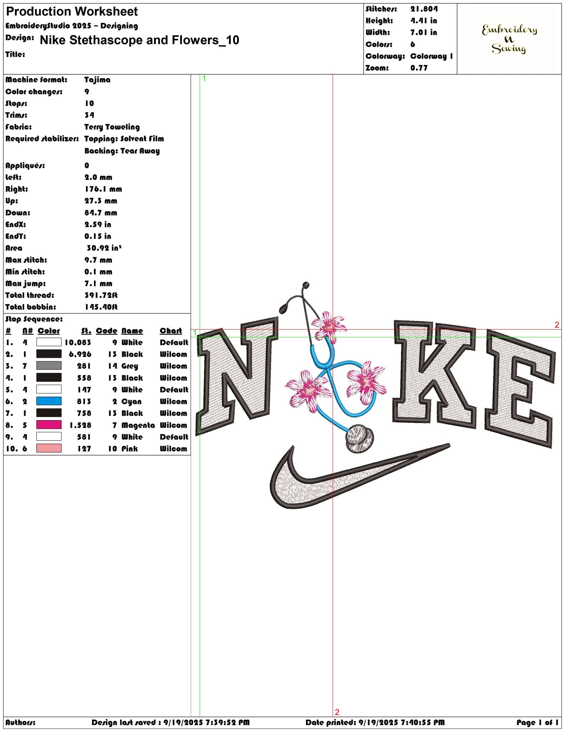 Nike Stethascope and Flowers  - Elegant embroidery design file - instant download — view 3