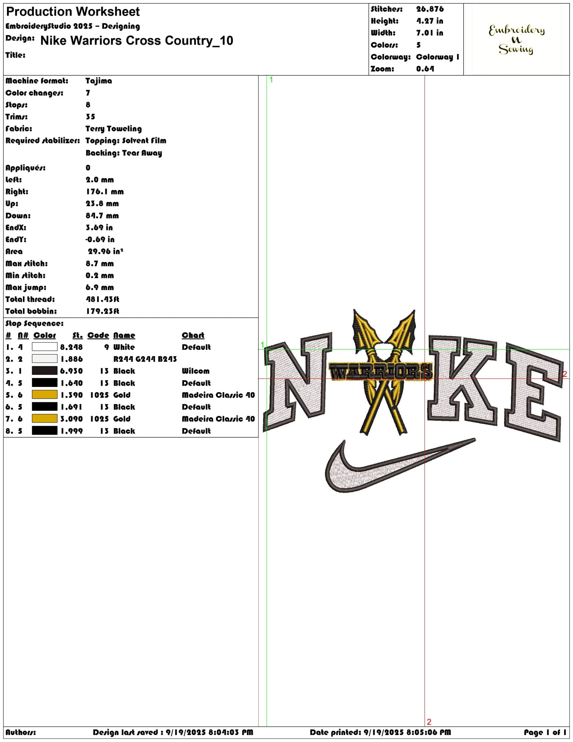 Nike Warriors Cross Country - Elegant embroidery design file - instant download — view 3