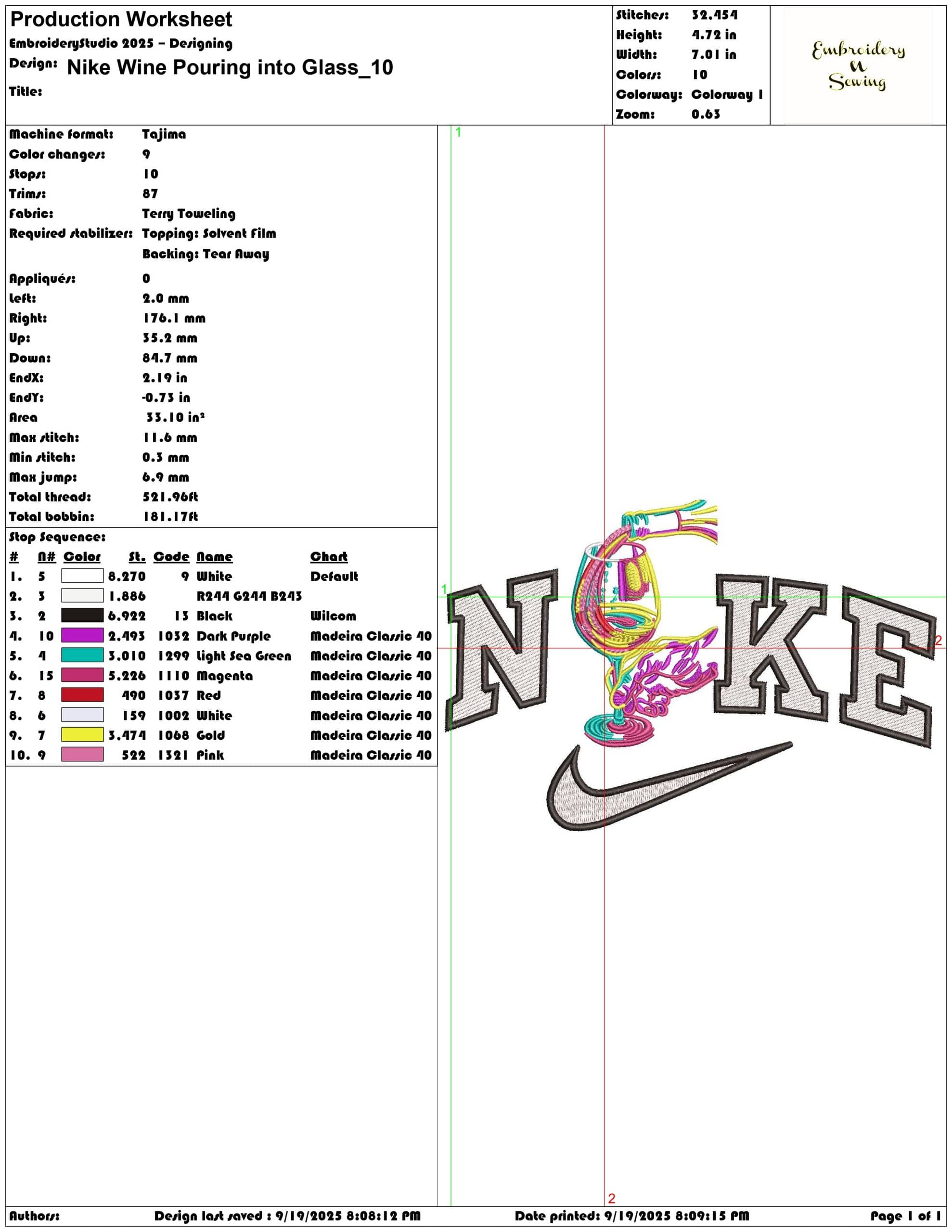 Nike Wine Pouring into Glass - Elegant embroidery design file - instant download — view 3