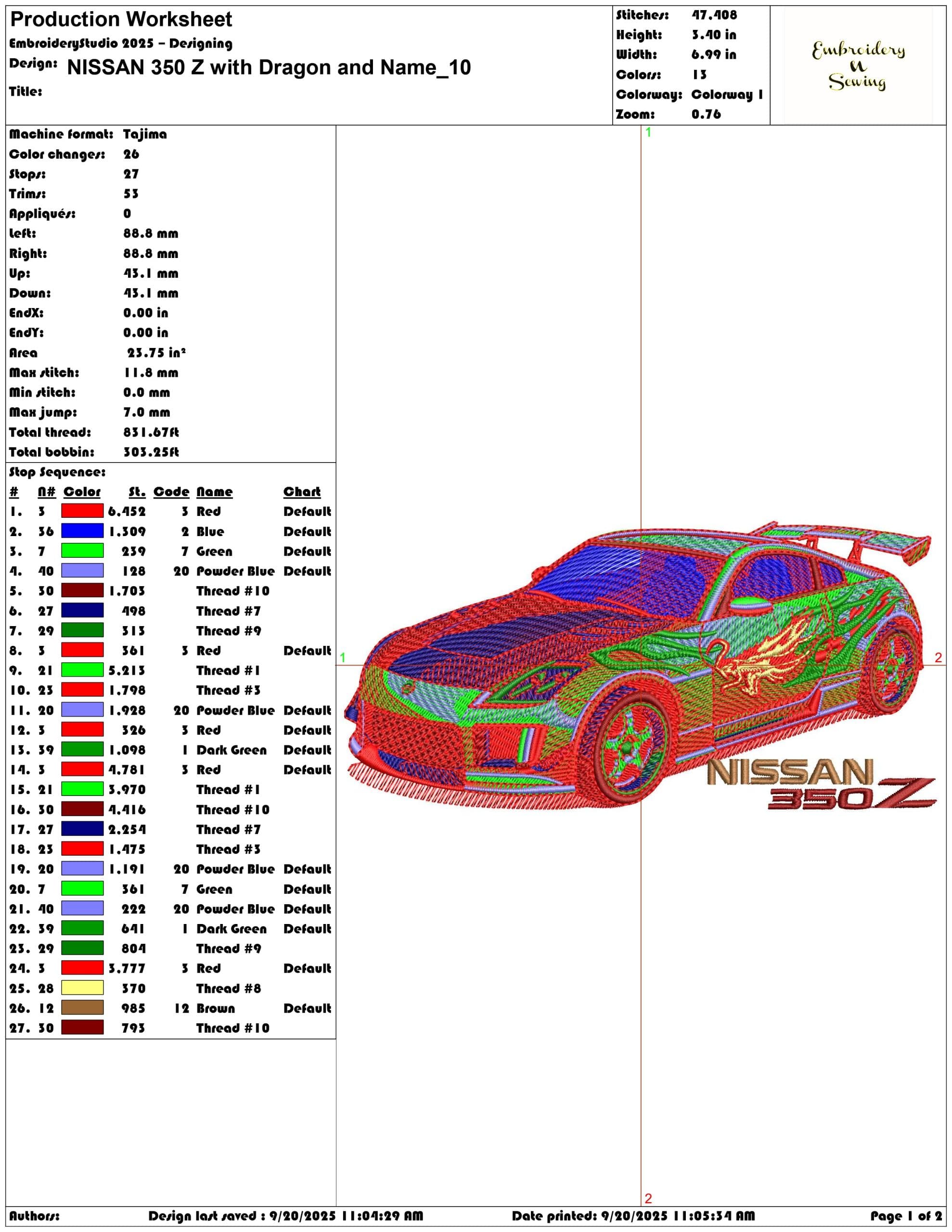 NISSAN 350 Z with Dragon and Name - Elegant embroidery design file - instant download — view 3