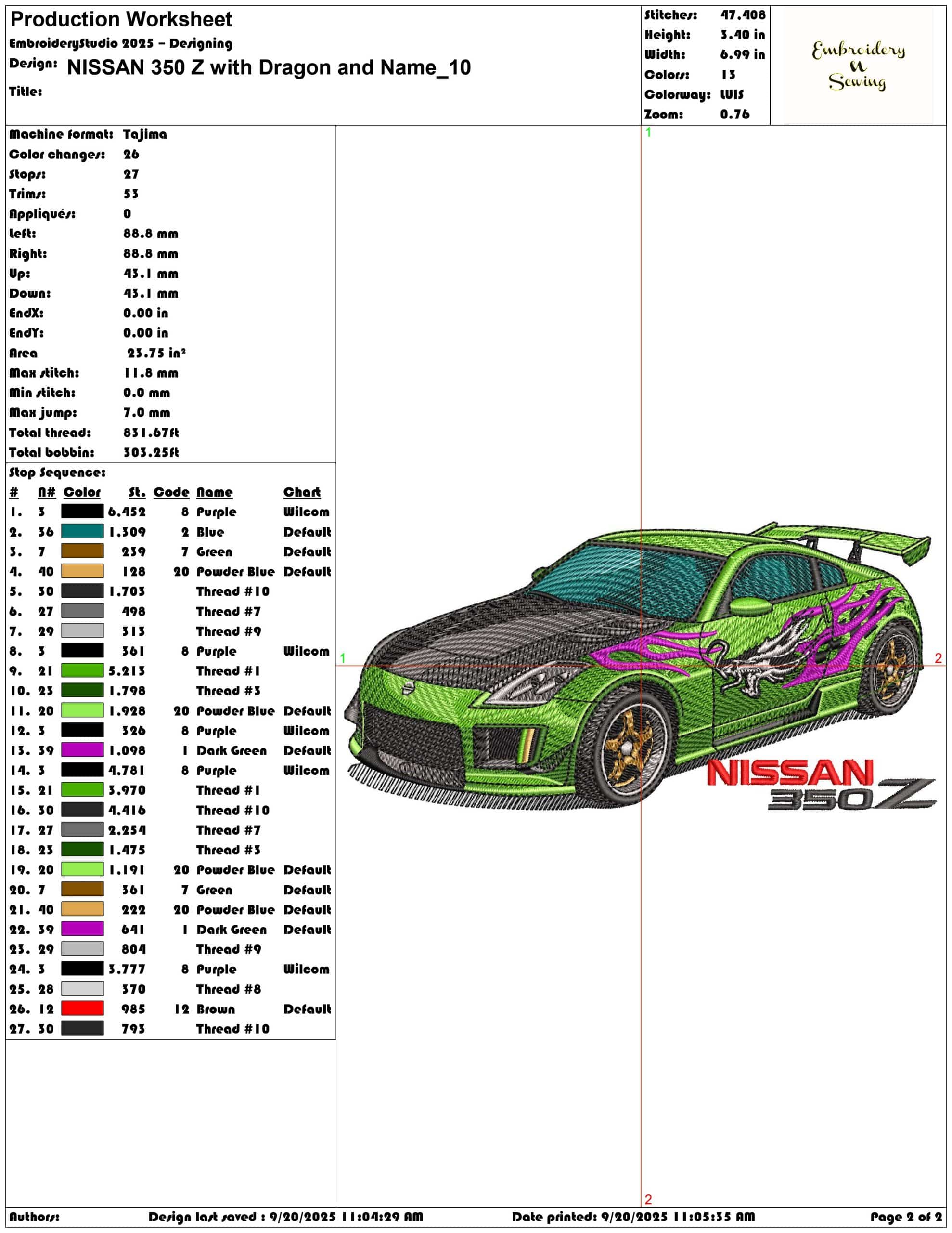 NISSAN 350 Z with Dragon and Name - Elegant embroidery design file - instant download — view 4