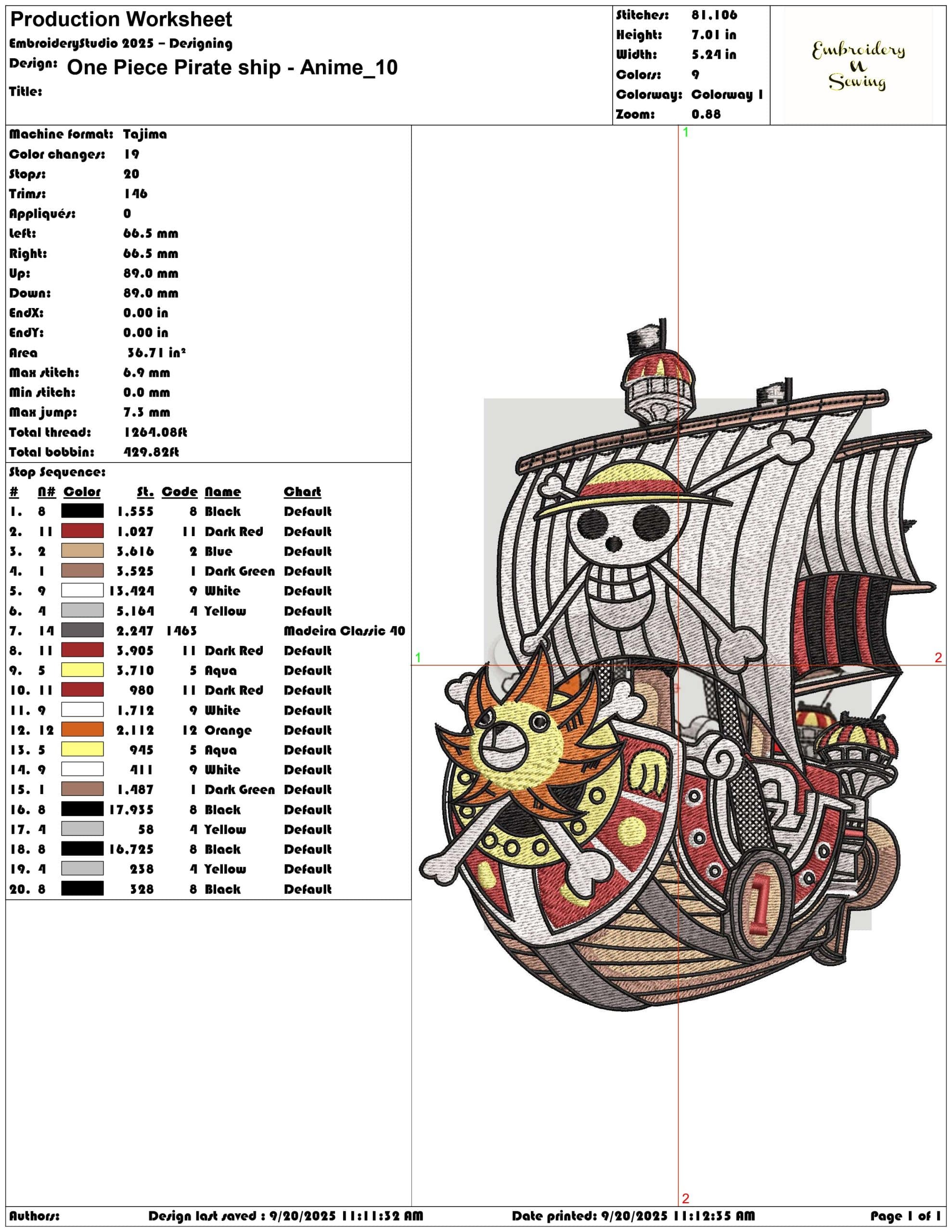 One Piece Pirate ship Anime - Elegant embroidery design file - instant download — view 3